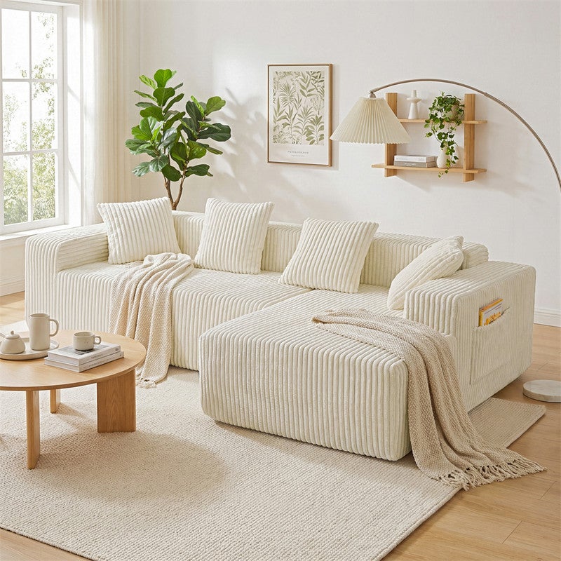 DRIPEX Canapé d'angle droit en velours côtelé avec 4 coussins,Canapé Modulable 4 places avec méridienne en L,261×156×80cm,Beige - 4