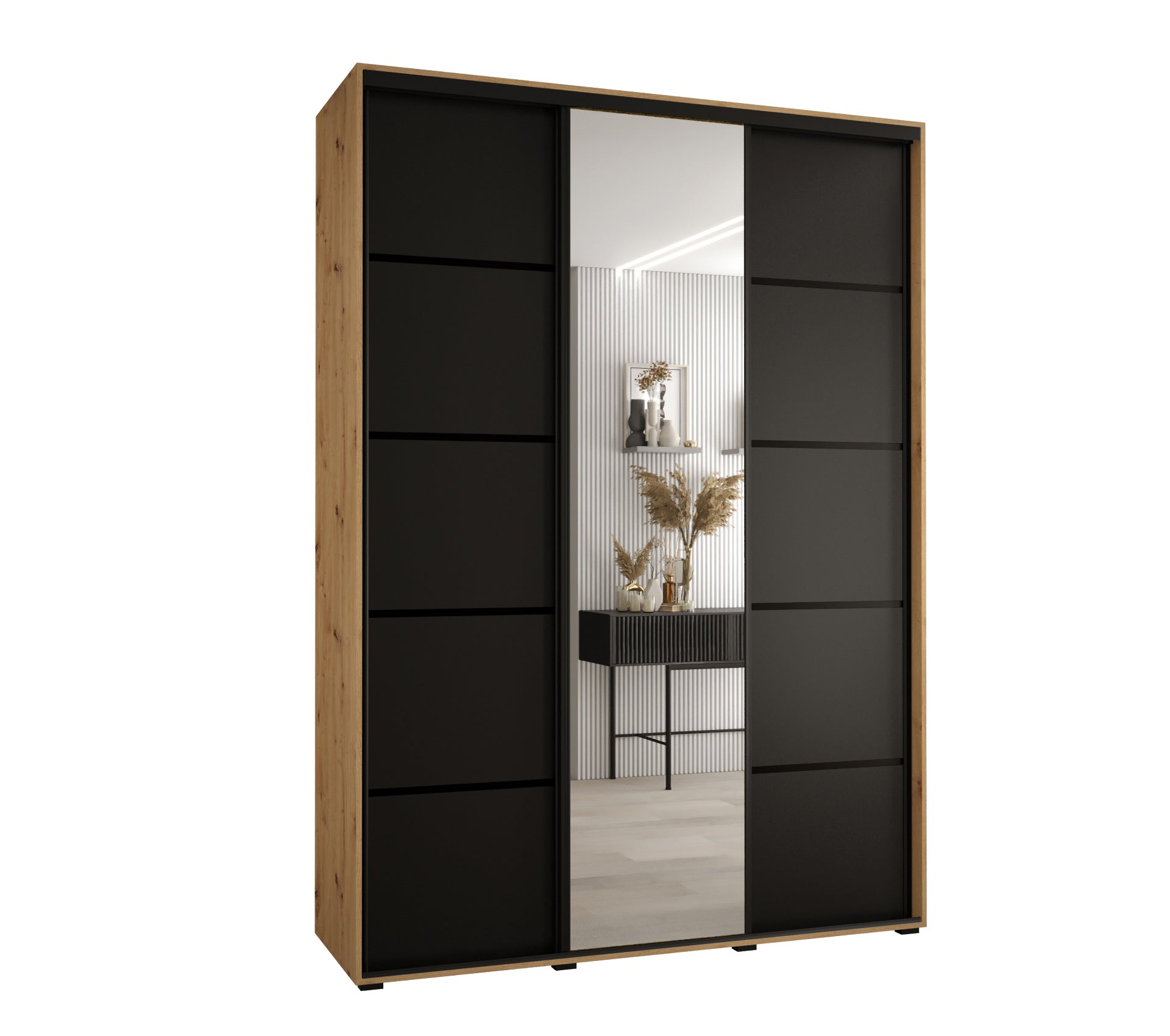 Szafa przesuwna z lustrem wysoka Davos 5 180 x 60 x 235,2 cm artisan + czarny + u. czarny - Abiks Meble