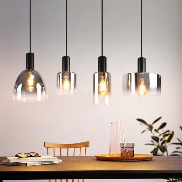 ZMH Suspension Verre 4 Lumières Vintage E27 Hauteur Réglable gris fumée 180CM Pour Salle à Manger Cuisine Salon