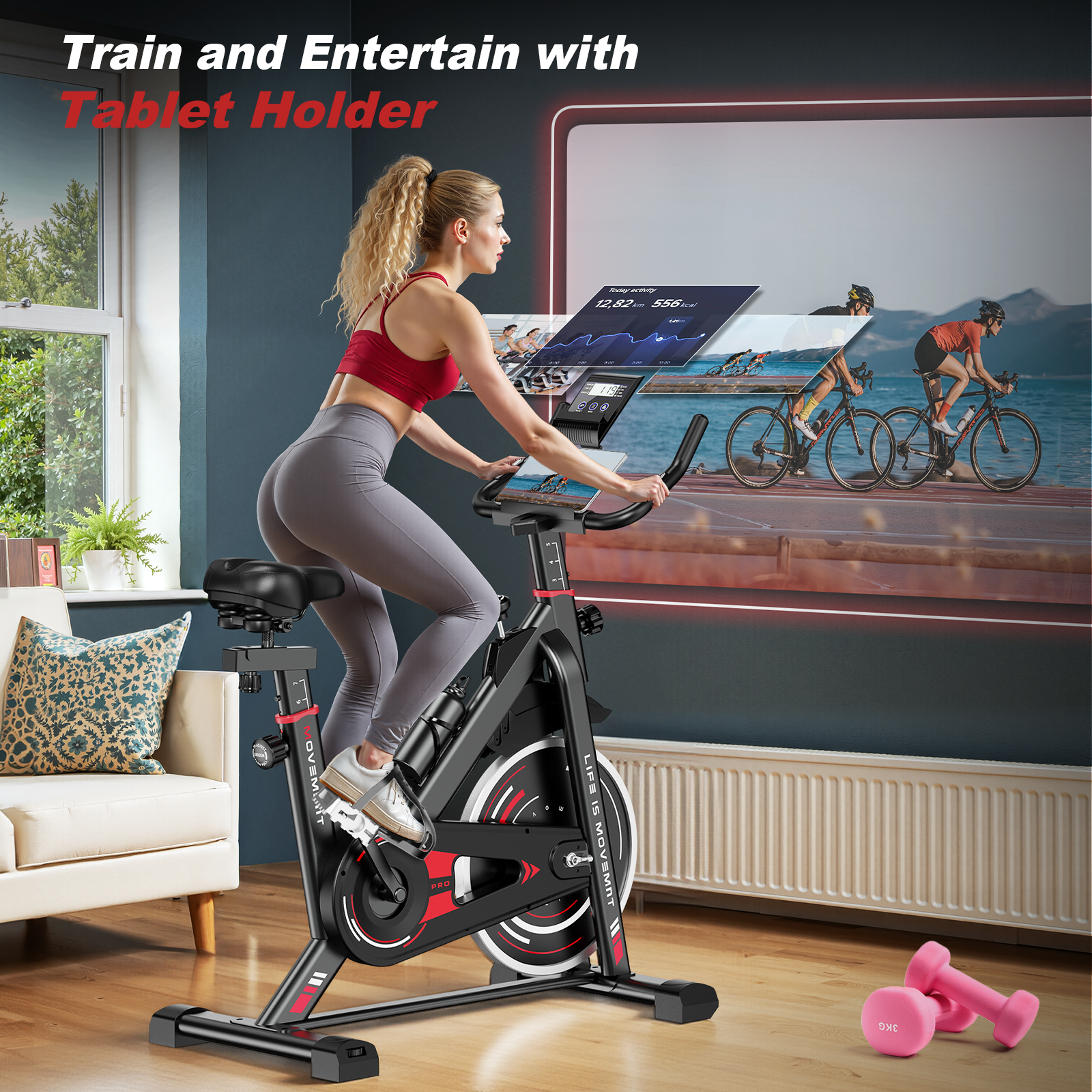 Bicicleta de exercício,bicicleta de exercício indoor Hamlody com ecrã LCD,bicicleta de exercício com suporte para ipad,capacidade de carga 120 kg - 4