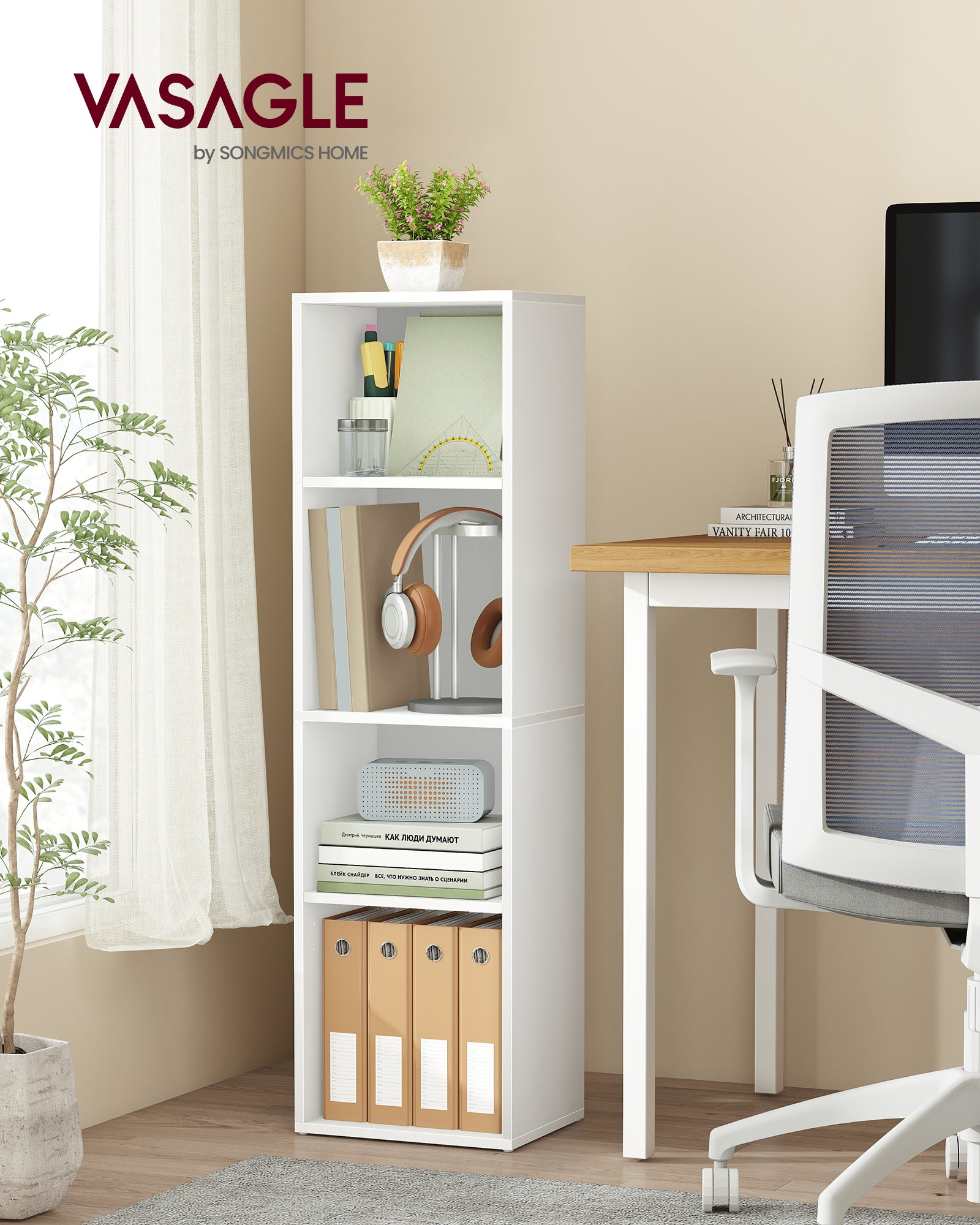 Bibliothèque, Étagère sur 4 Niveaux, avec Étagères Réglables, Meuble de Rangement Ouvert, pour Salon, Chambre, Bureau, Blanc Nuage - 2