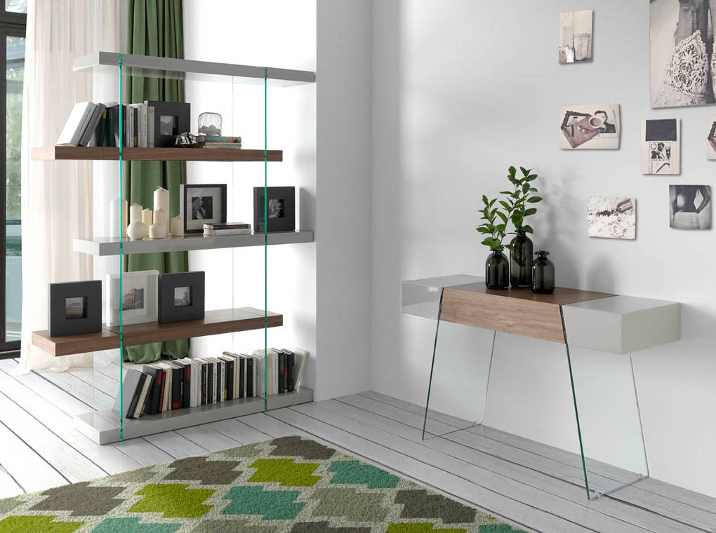 Consola rectangular madera gris, nogal y cristal templado 120 x 40 x 73 cm - 3