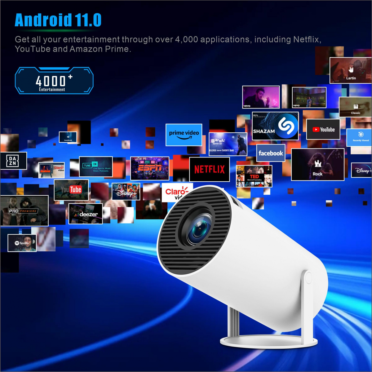 Projecteur 4K Videoprojecteur WiFi 6, Android 11 Retroprojecteur 1080P Full HD Supporté pour TÉLÉPhone PC 180° Rotation - 2