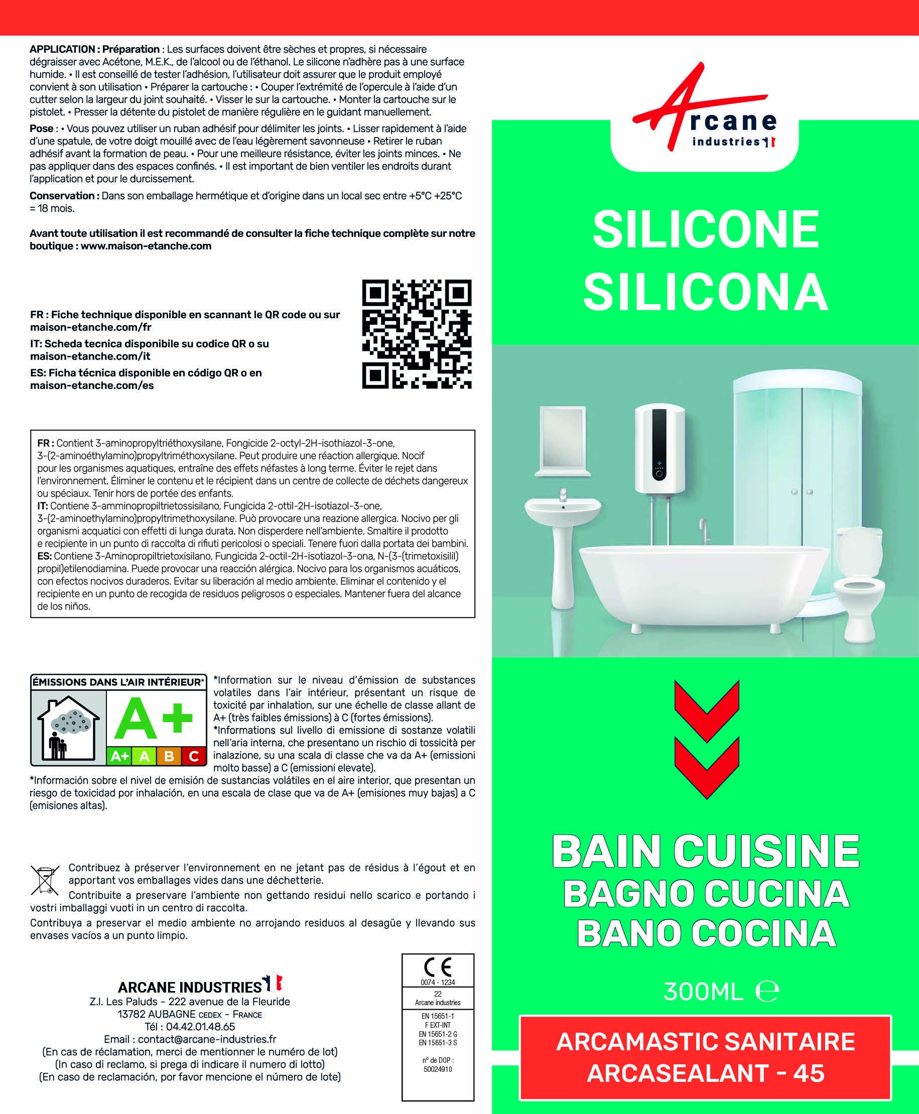 Mastic Silicone pour joints étanchéité douche, salle de bain, cuisine - ARCAMASTIC SANITAIRE Blanc - 300 ml x 1 - ARCANE INDUSTRIES - 7
