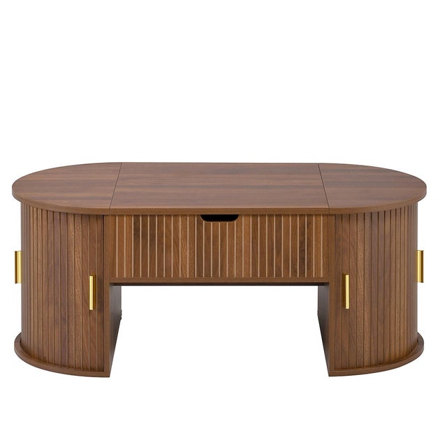 Table basse réglable moderne, rangement caché, étagères, porte coulissante, couleur noyer