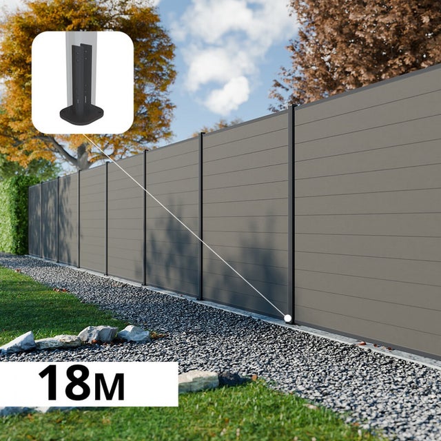 Kit Clôture Composite RIO Platines 18x1,8m - Bois composite & Aluminium - Poteaux sur Platines Gris - Brise vue