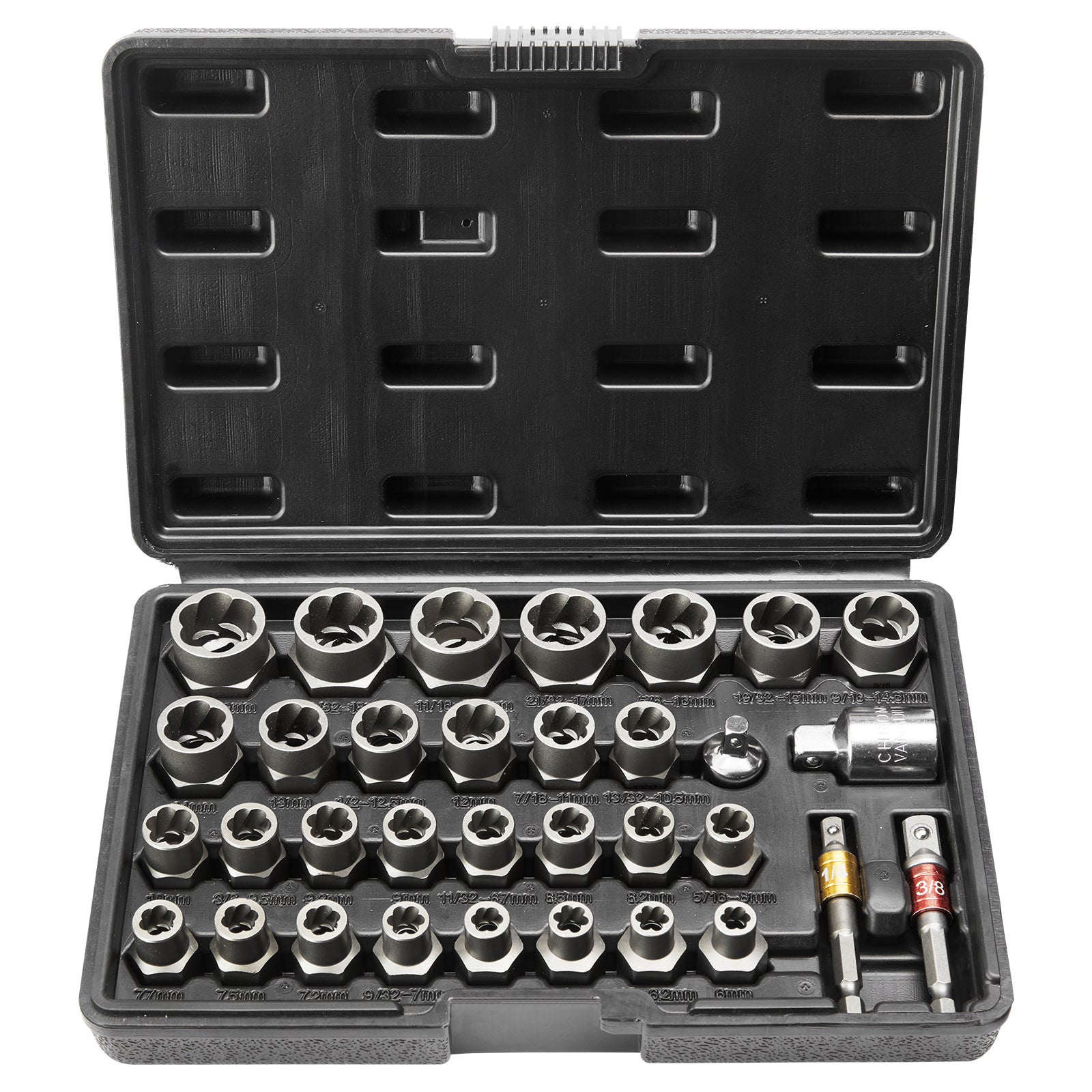 Zestaw wykrętaków do śrub, 29-częściowy zestaw do usuwania śrub i nakrętek, 6 mm do 10 mm, 13/32" do 3/4", Zestaw nasadek przedłużających ze sta VEVOR