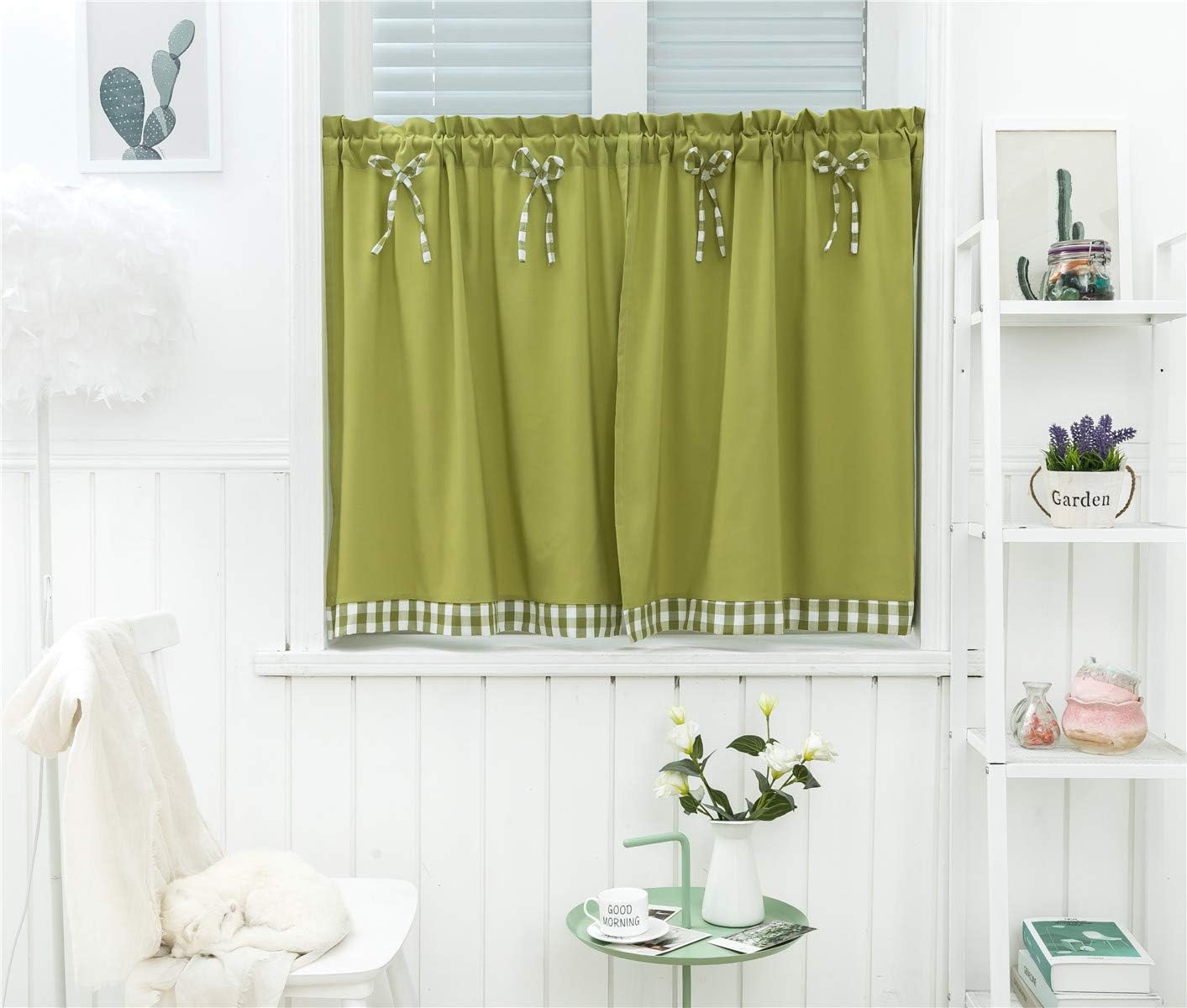 Tende Americane Per Cucina Con Fantasia Foglie, Verde Salvia, 2 Pannelli 66x76 Cm - Stile Country