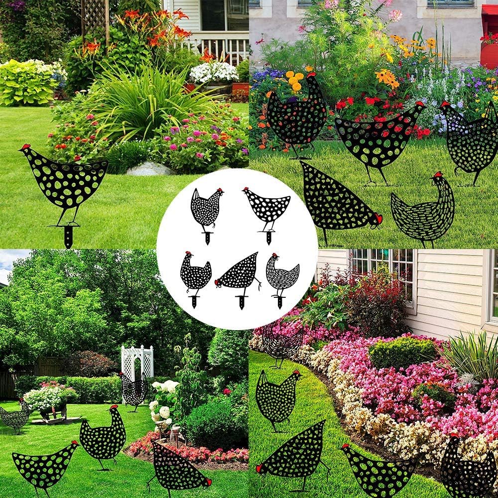 5 Poules réalistes - Décoration de Jardin - Décoration en Forme de Poulet - Silhouette de Cour pour pelouse, Chemin, Trottoir, Jardin - 2