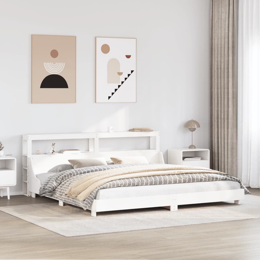 Łóżko Drewniane z Regałem Rama Łóżka Ze Stelażem Biała 180x200 cm