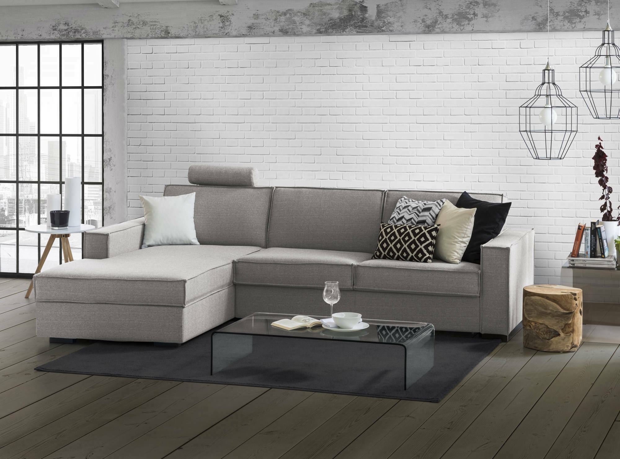 Sofá cama adima, sofá de esquina, sofá con apertura giratoria, península contenedor izquierda, con reposabrazos delgados, cm 260x95h90