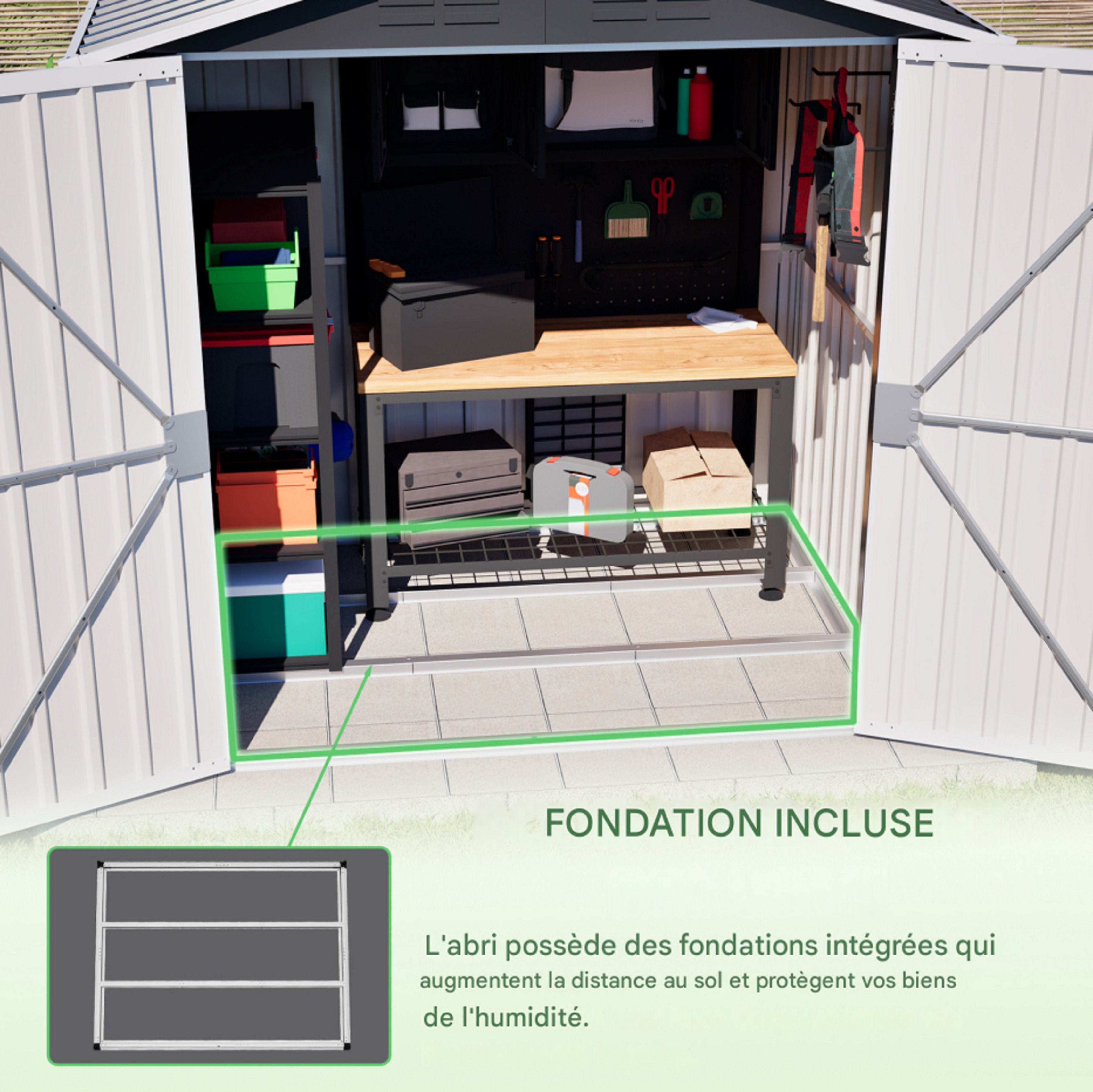 Abri de jardin en métal, dimensions142x185cm,avec trous de ventilation,comprenant une base en métal et une porte verrouillable. Gris - 4