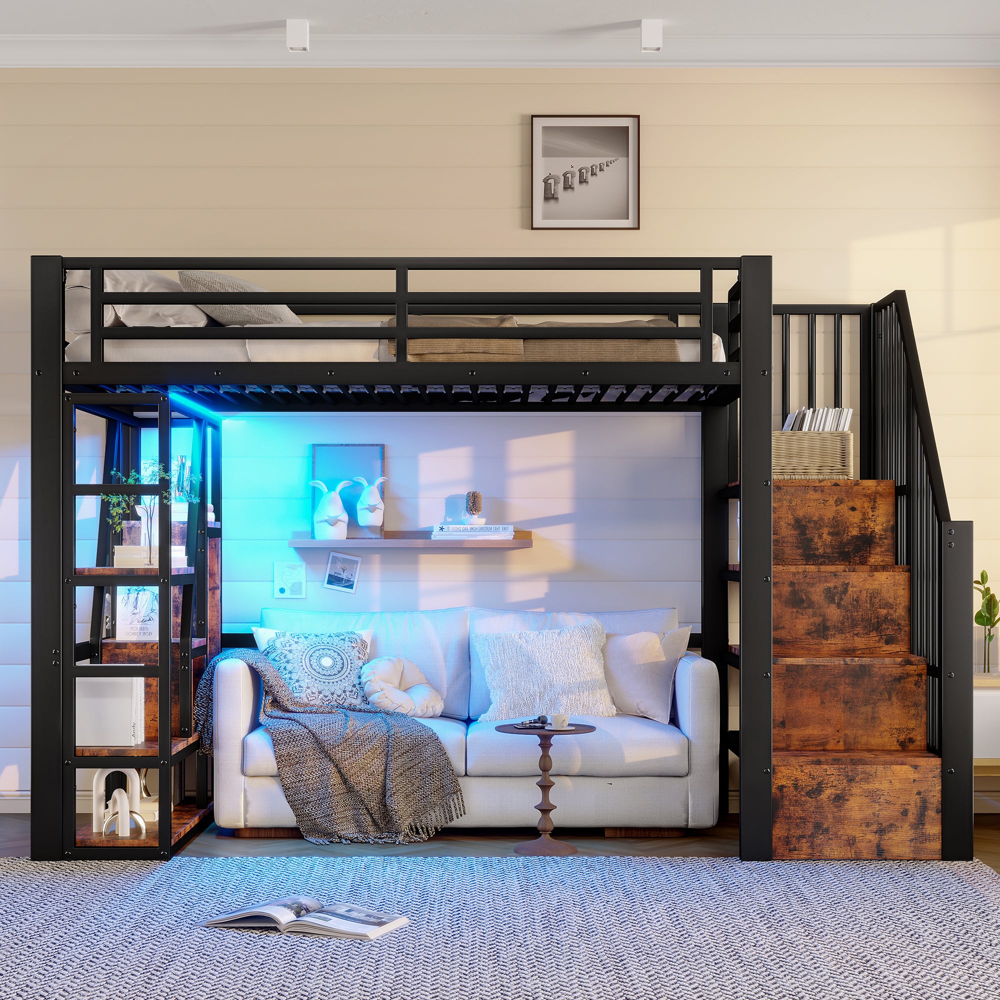 Lit mezzanine en métal 90x200 cm avec LED intégrée,lit surélevé avec rangements et étagères,escalier sécurisé,structure robuste style industriel,Noir - 3