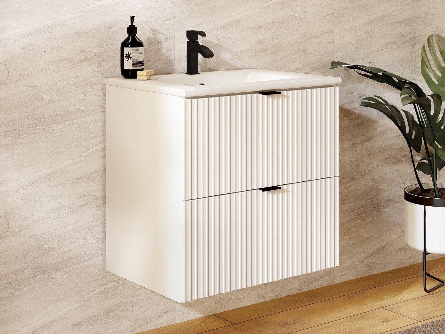 Szafka łazienkowa wisząca w paski z umywalką do zabudowy – biała matowa – 60 cm – ZEVINI