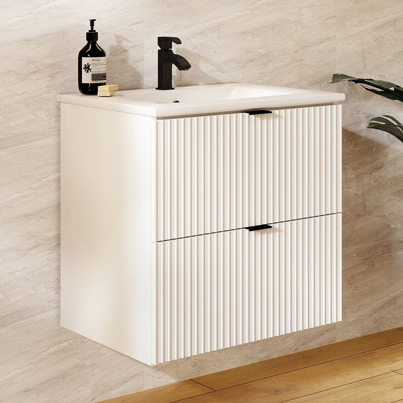 Szafka łazienkowa wisząca w paski z umywalką do zabudowy – biała matowa – 60 cm – ZEVINI