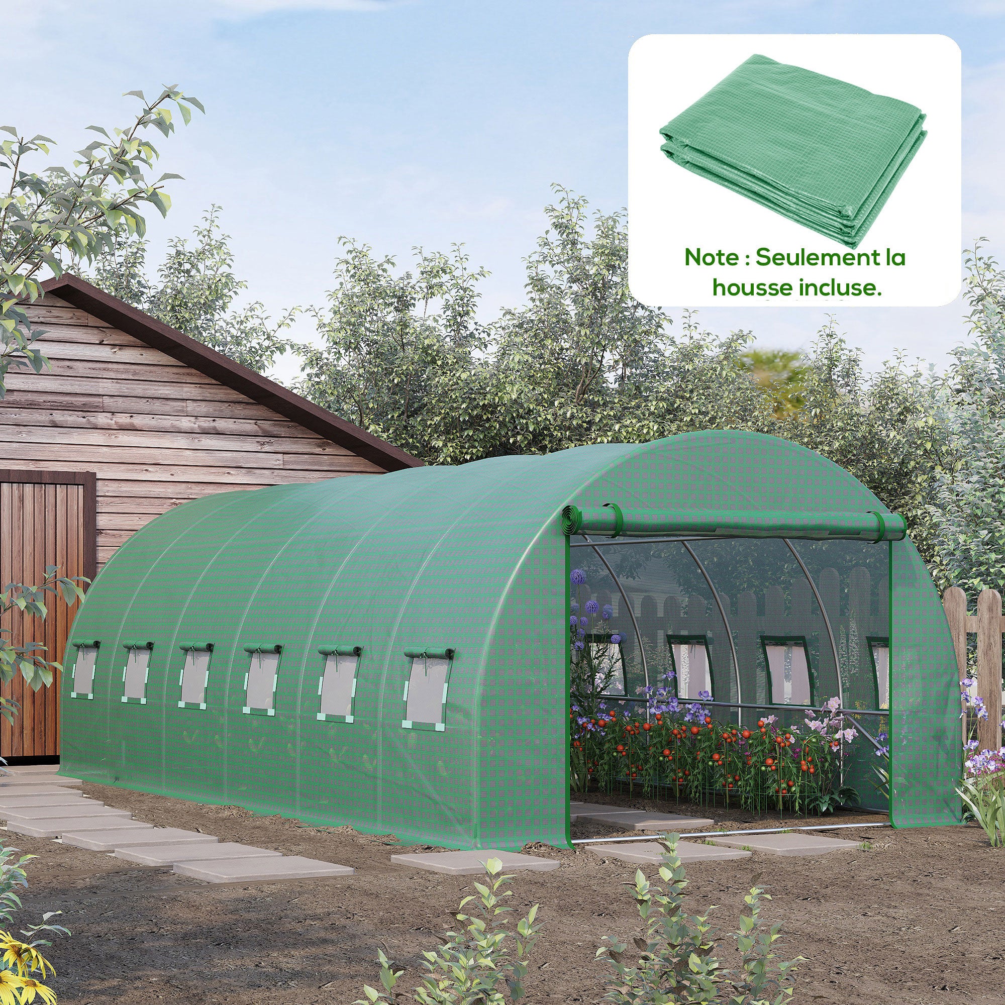 Bâche de Rechange Serre Tunnel 18 m², bâche 6 x 3 x 2 m PE Anti-UV imperméable 12 fenêtres + Porte Enroulable zippée vert - 3