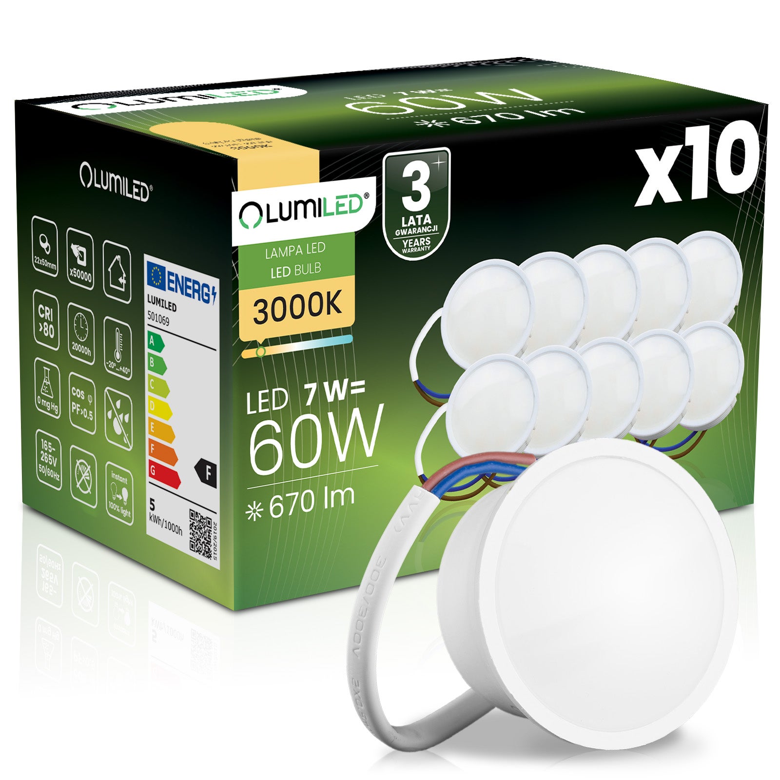 Wkład do Opraw Lumiled LED Żarówka Moduł Insert Reflektor 7W 670lm 3000K Ciepła biel 120st 10 szt.