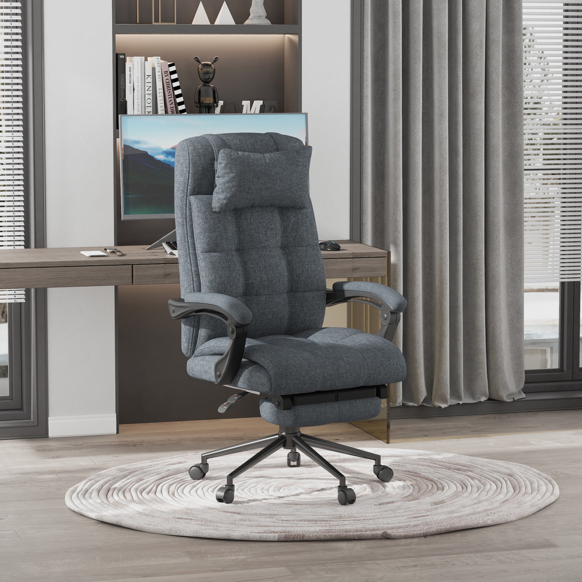 Vinsetto Poltrona Da Ufficio Ergonomica In Tessuto Grigio Con Poggiapiedi Retrattile E Inclinazione 135°