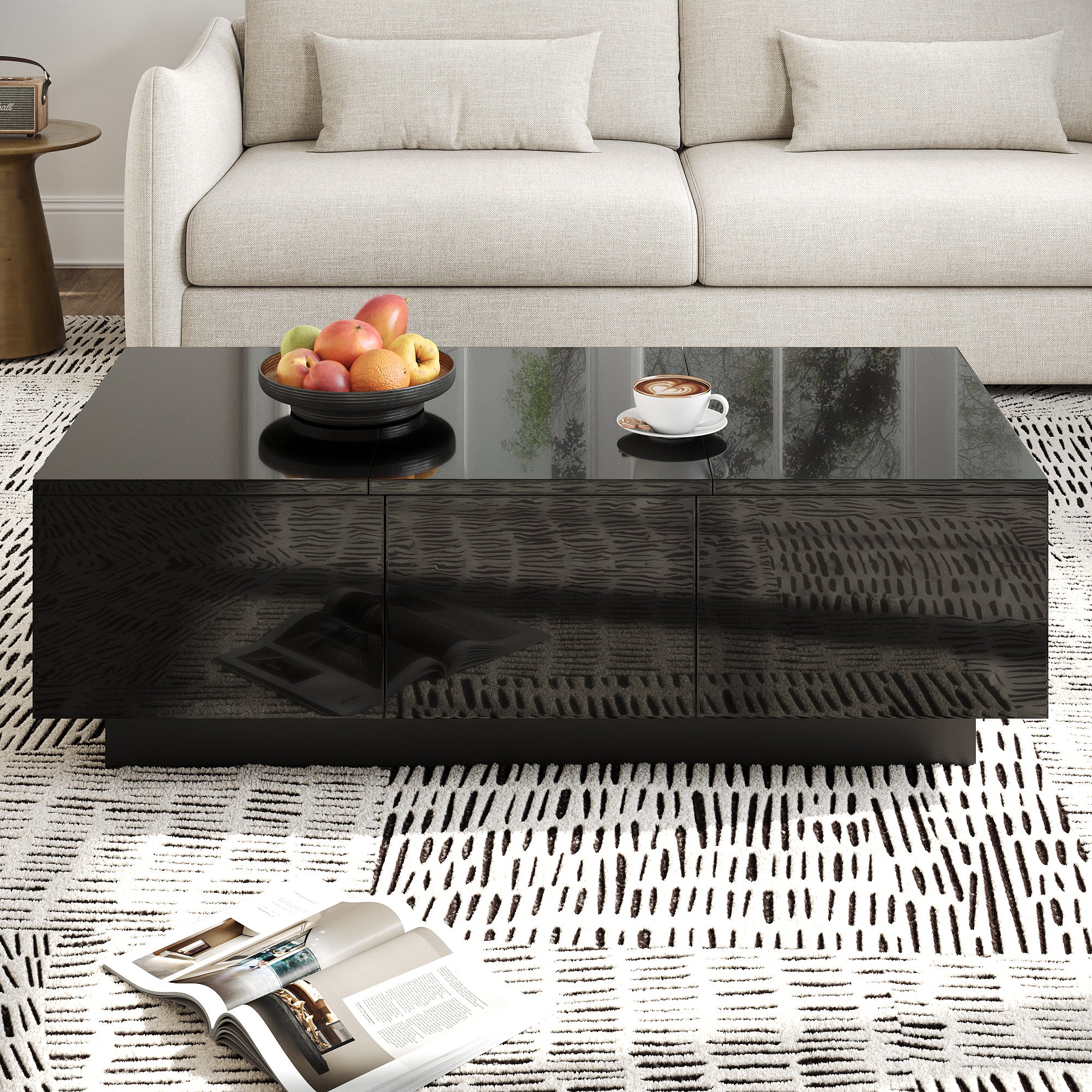 Stolik kawowy rozkładany 100x31x50 cm - z 2 szufladami - Błyszczące wykończenie - Płyty wiórowe - Czarny - 2