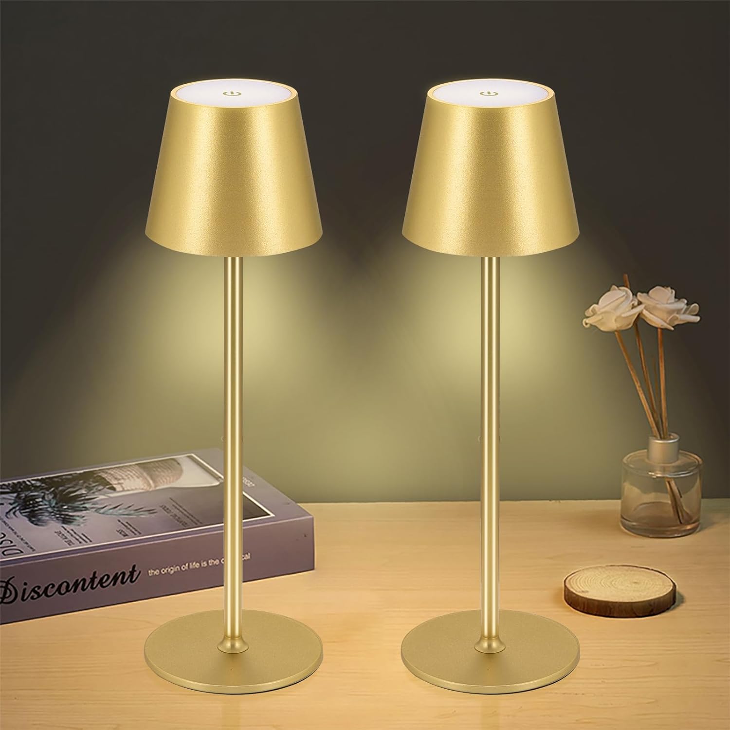 Złota bezprzewodowa lampka biurkowa 10 x 10 x 38 cm, 2 diody LED, akumulatorowa, dotykowa, idealna do jadalni, sypialni lub baru.