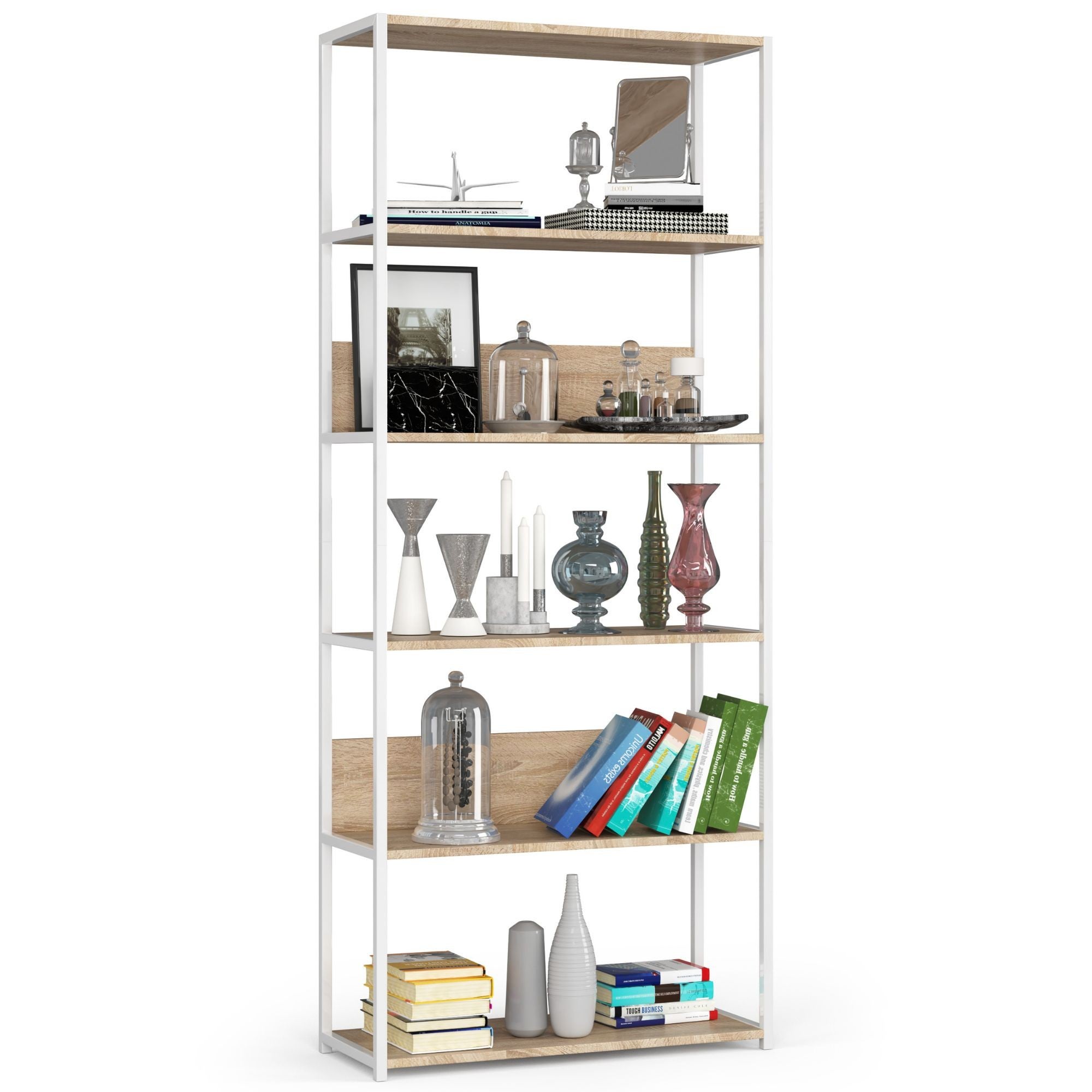 Regał loft AKORD metalowy Biały 80 cm kolor Dąb Sonoma mat 6 półek 80x32x192 cm