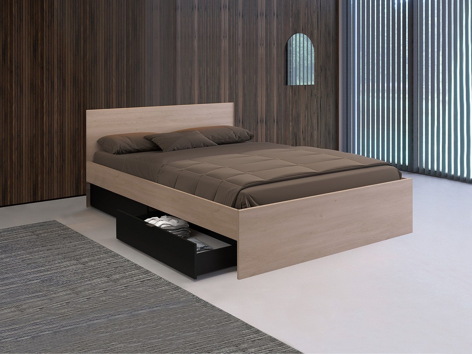 Łóżko z 2 szufladami - 160 x 200 cm - Kolor: Naturalny i czarny - VELONA