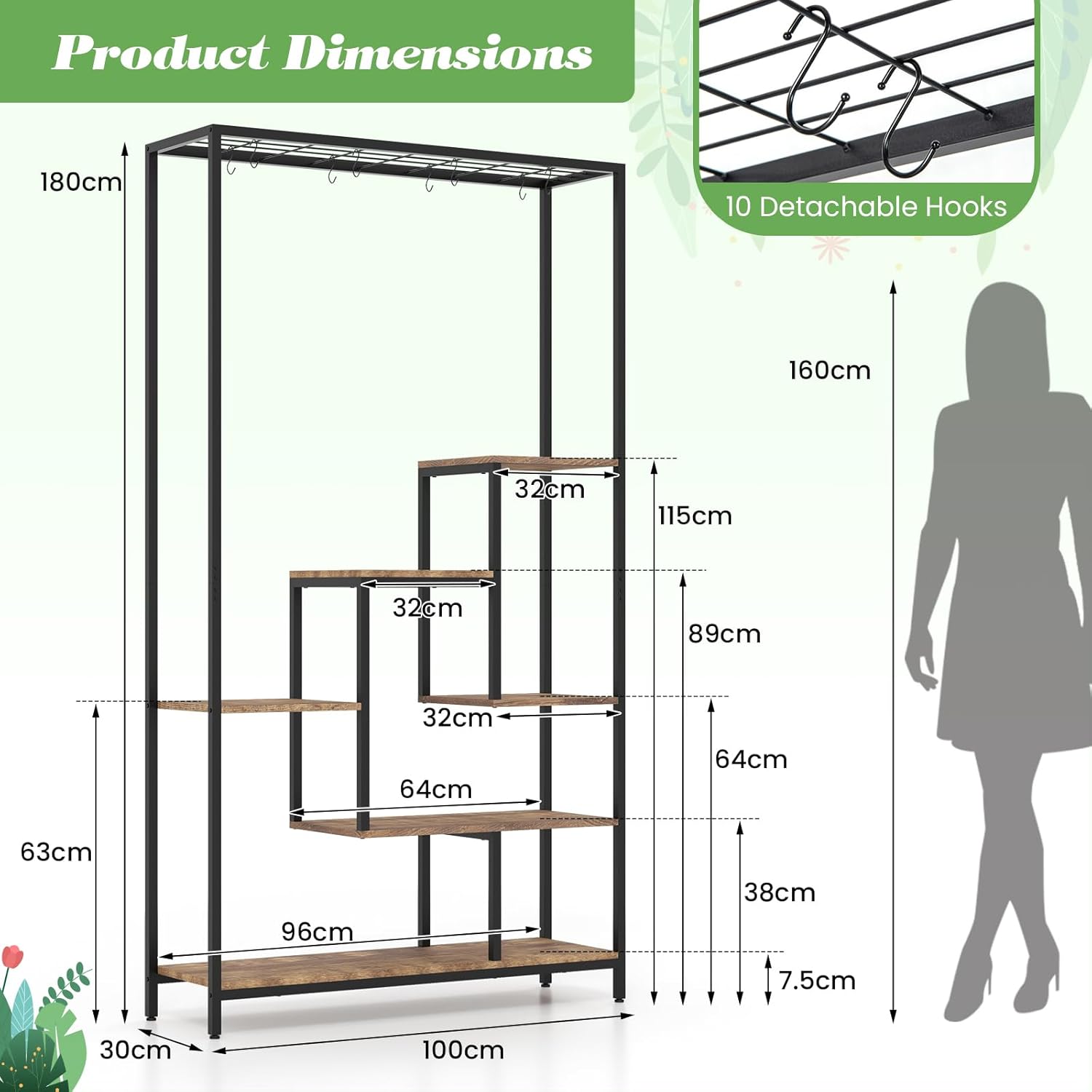 Support pour Plantes Intérieur à 6 Niveaux, Présentoir pour Pots de Fleurs 100x30x180cm , 10 Crochets, Étagère à Fleur Style Industriel, Marron - 8