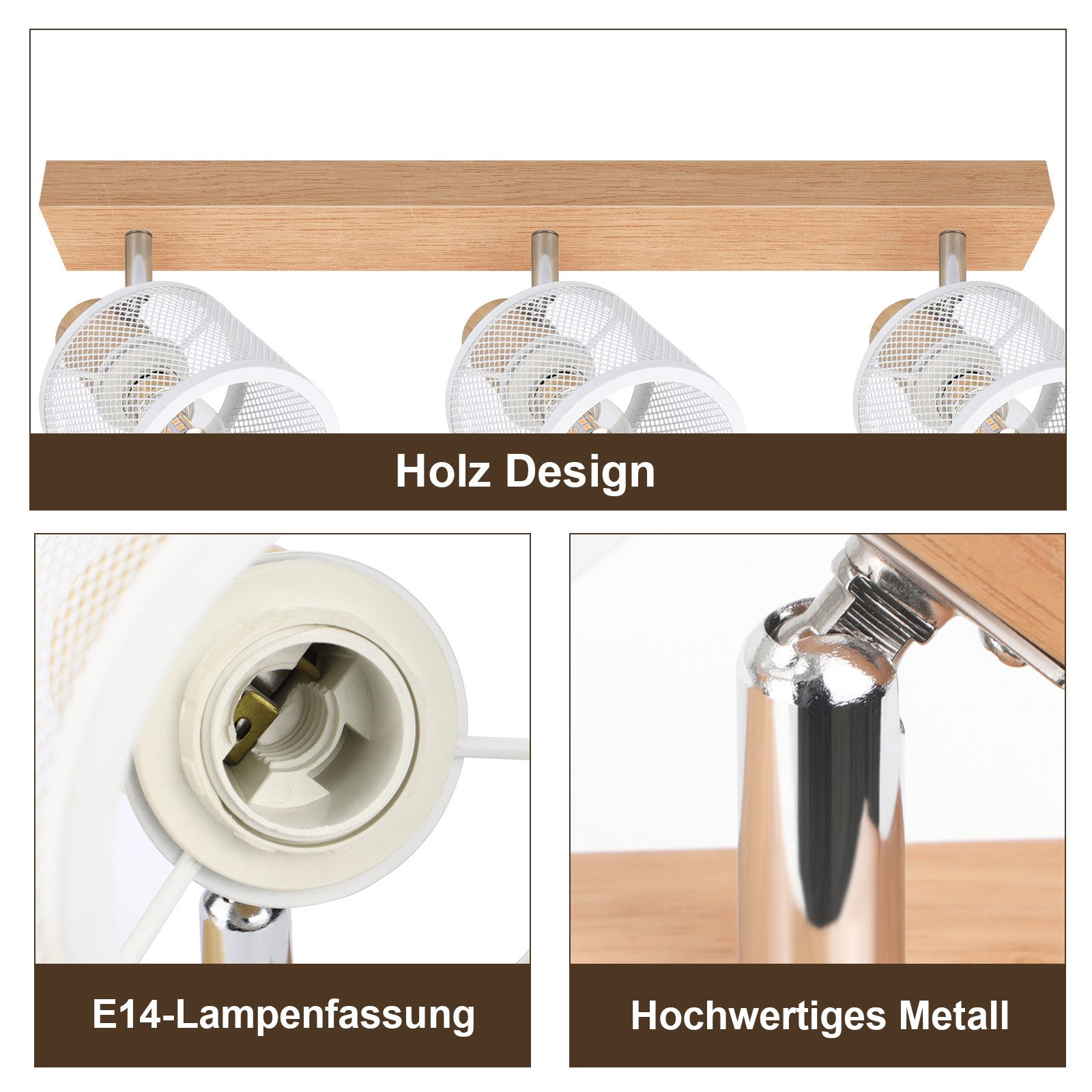 NETTLIFE Faretto da soffitto, Plafoniera 3 faretti effetto legno bianco, E14 plafoniera orientabile 350° max 25 W moderna per soggiorno - 5