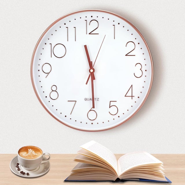 Reloj de pared moderno de 30 cm (12 pulgadas), silencioso, movimiento con números 3D en oro rosa, péndulo clásico para salón, dormitorio u oficina