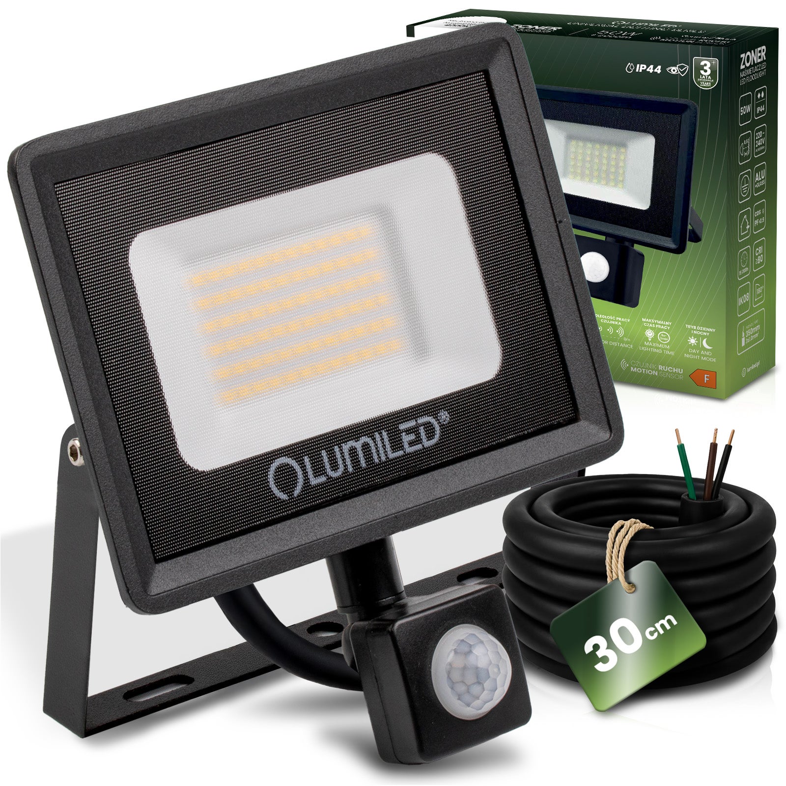 Naświetlacz LED Lumiled 50W 5000LM 4000K Neutralna biel IP44 Czarny Czujnik Ruchu 1 szt.