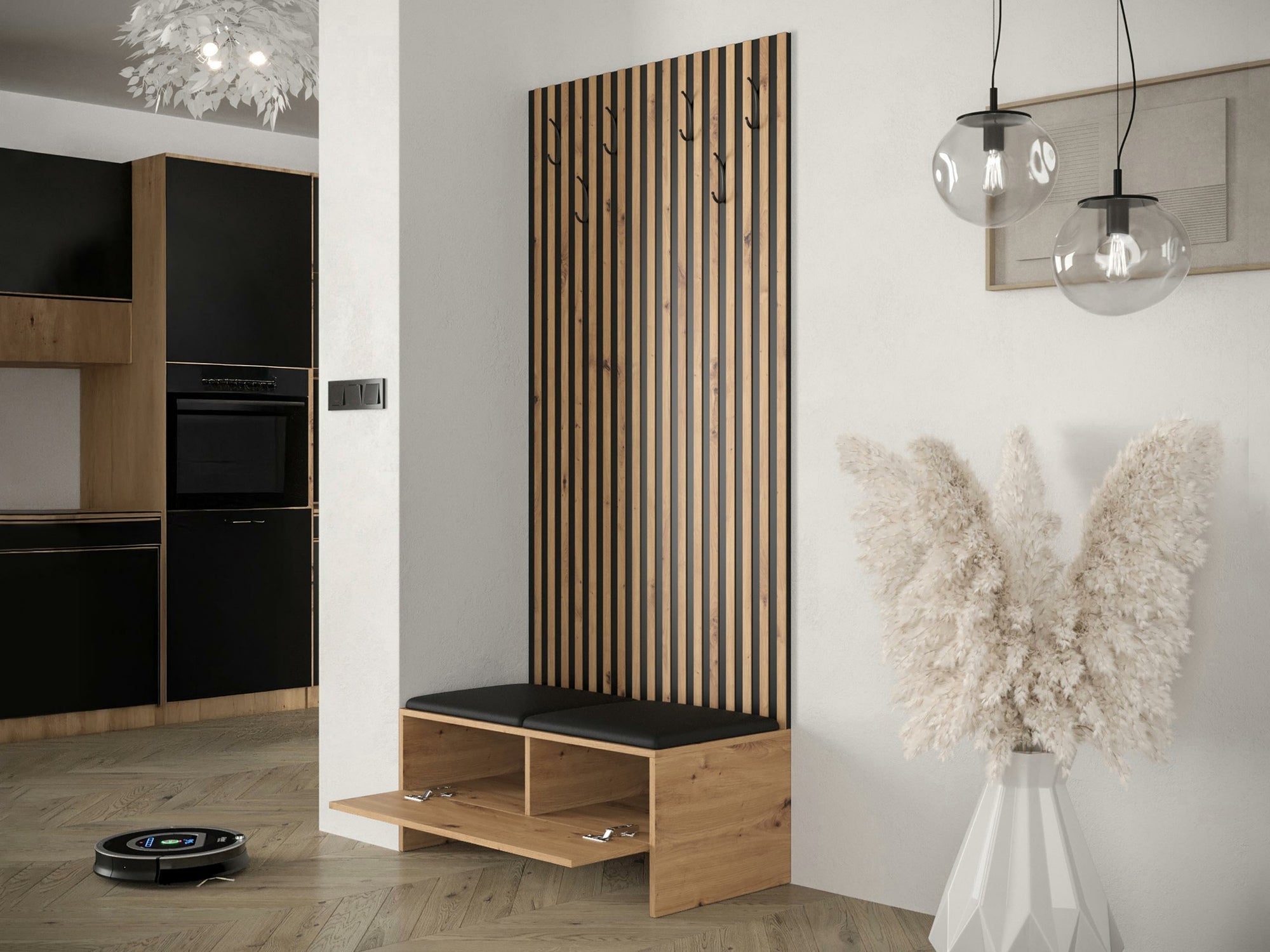 Meuble d'entrée Donio IV, 206x85x44cm, Chêne Artisan, Noir, Faux cuir, Stratifié, À poser - 3