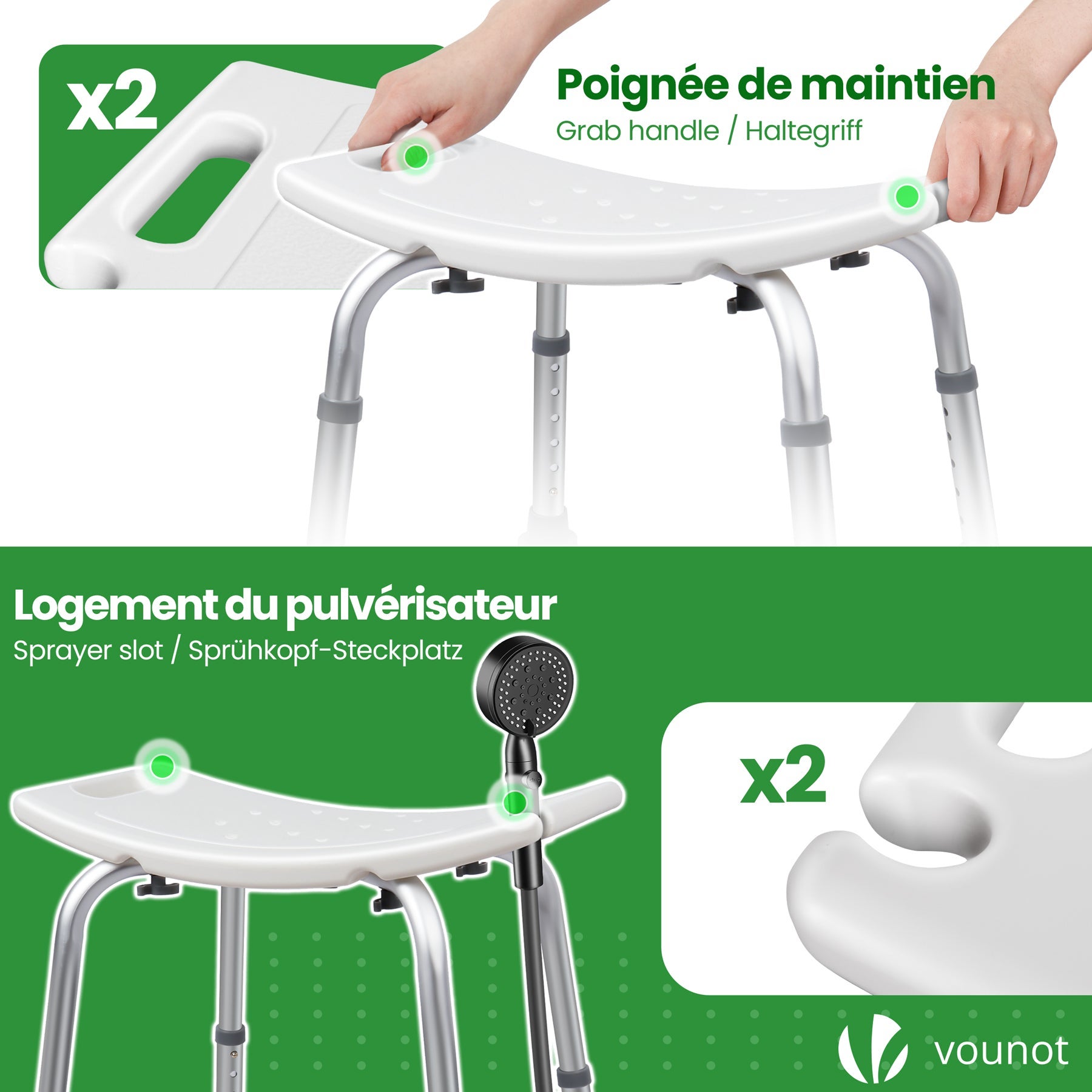 VOUNOT® Taburete de Ducha Altura Regulable 38-52 cm, Blanco - 6