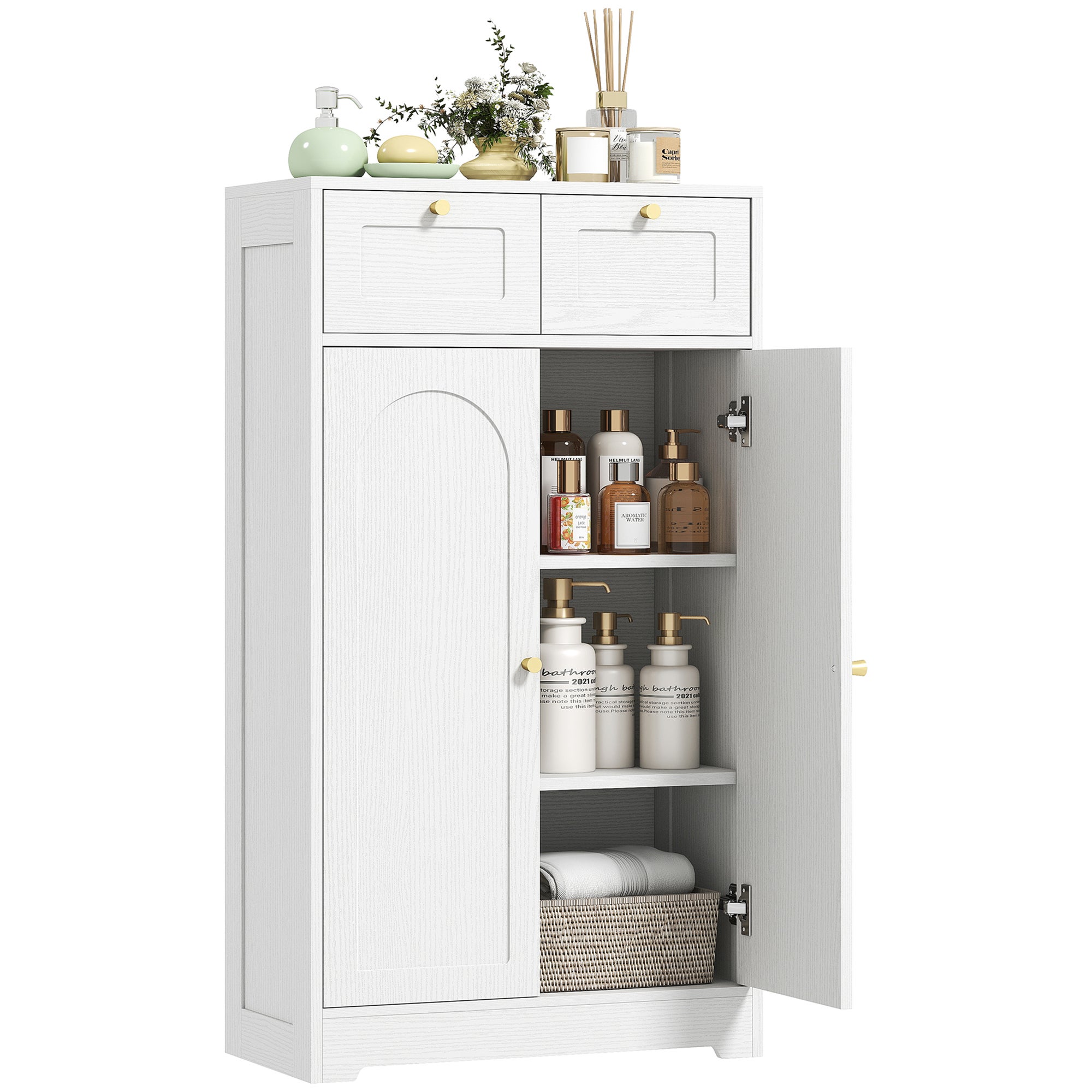 Leroy Merlin Narrow Bathroom Cabinet With 2 Drawers, Open Shelf And Door With Arched Panel, 60X30x108 Cm, White Veneered Blanco/Dorados 