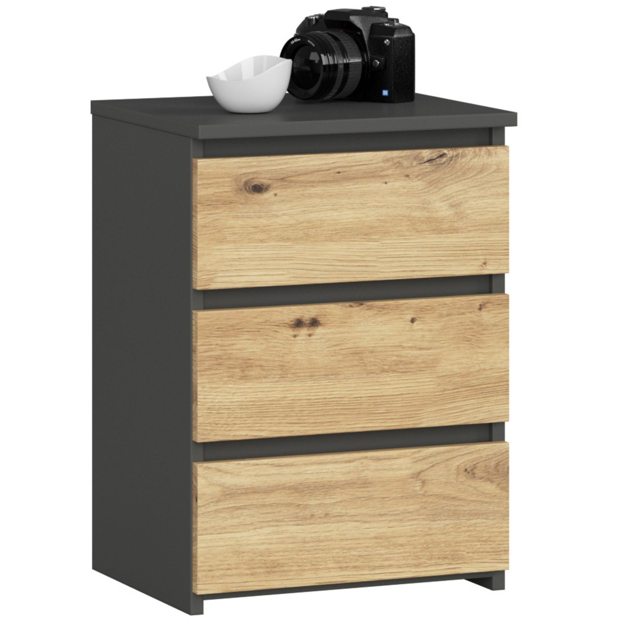 Stolik nocny: 3 szuflady, grafitowy szary | ręcznie wykonany dąb, szer.: 40 cm, wys.: 57 cm, gł.: 35 cm.
