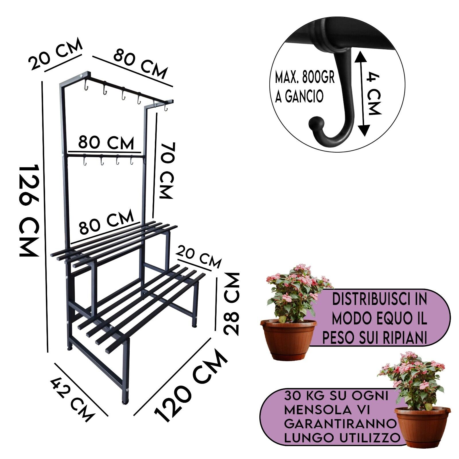 Scaffale portapiante portafiori fioriere giardino terrazzo grandi esterno interno acciaio verticale portavasi da esterno 2RIP120CM+GANCI - 2