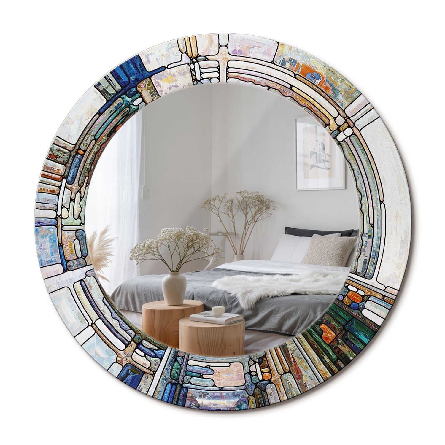 Miroir mural élégant rond avec cadre décoratif en verre Vitrail - 50 cm ...