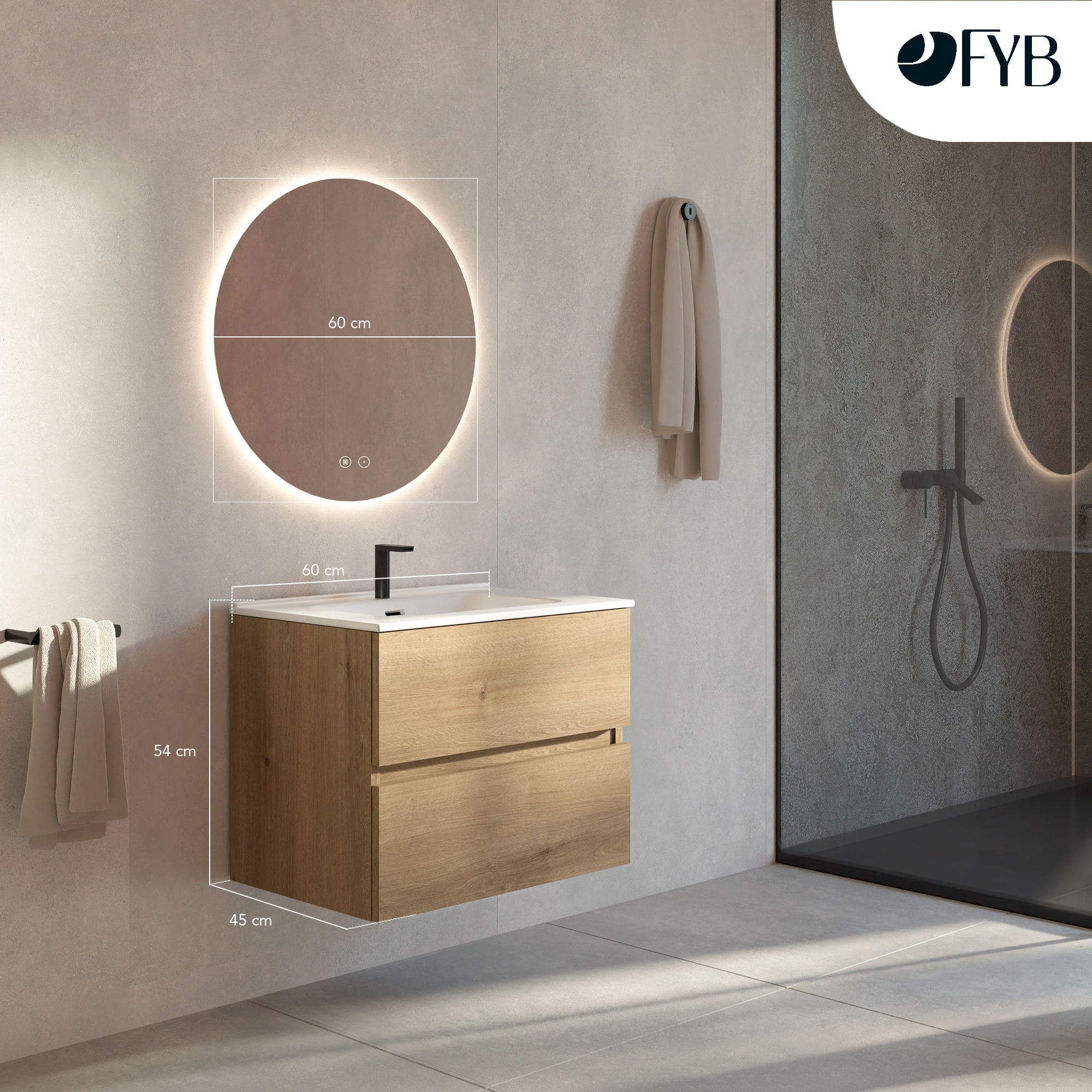 Feel Your Bath Mueble de Baño LION 60 cm Marrón con Encimera Cerámica Blanca y Espejo Redondo LED Antivaho – 2 Cajones Soft Close - 3