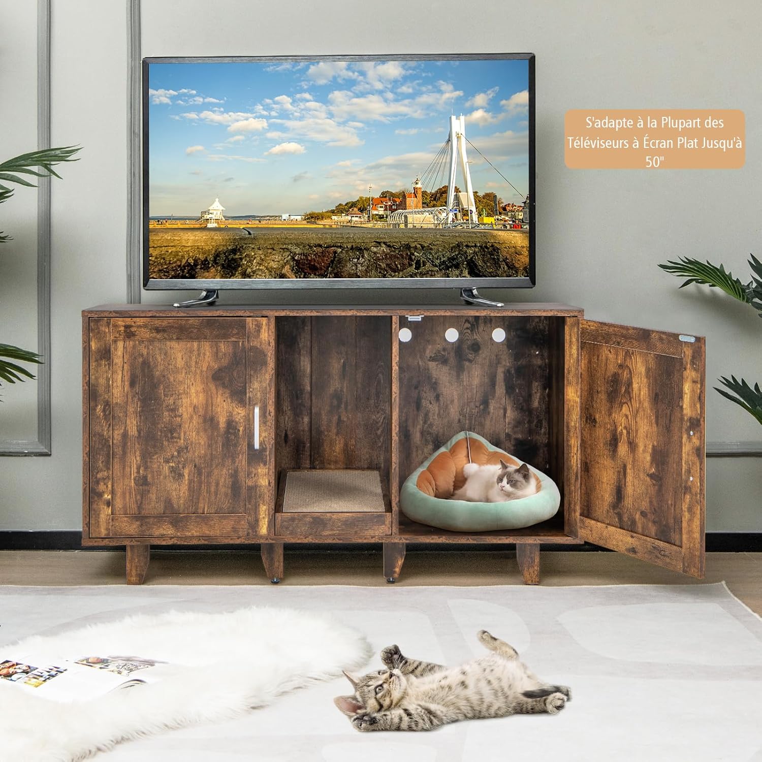Caixa de Areia para Gatos 3 em 1 com 2 Portas, Pernas Removíveis e Arranhador Removível, Estilo Industrial - 6