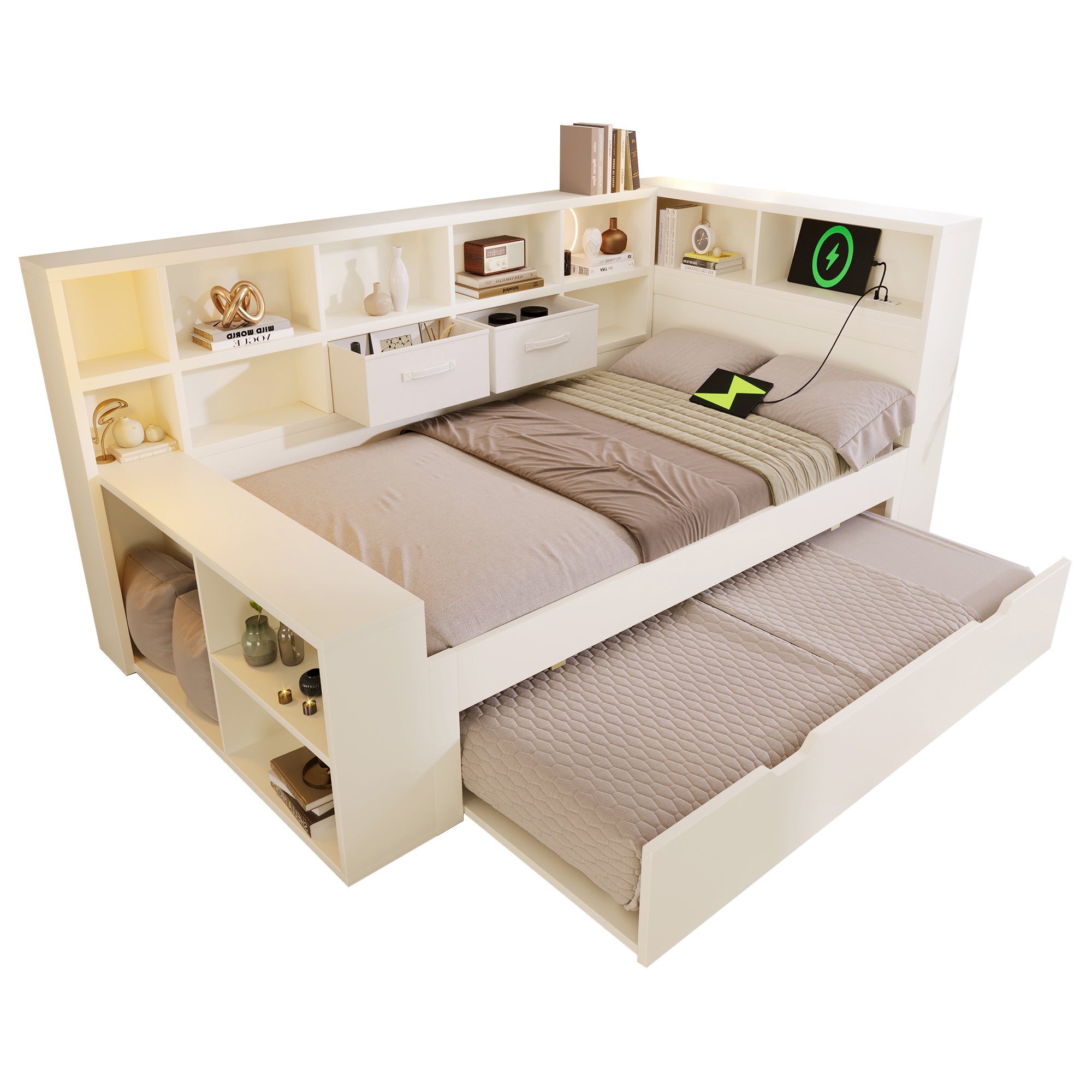 Łóżko wysuwane 90 x 200 cm z 2 szufladami i przegródkami – sosna + płyta wiórowa – ładowanie USB/typu C – białe (materac nie jest wliczony w cenę) - 7