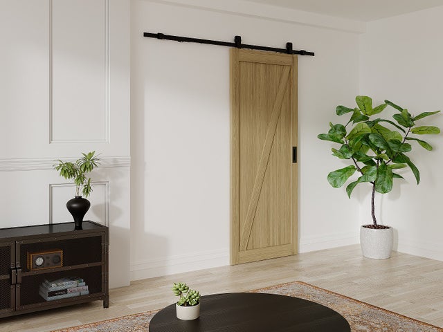 Porte coulissante avec système en applique en bois et MDF - Naturel clair - H205 x L93 cm - BALERMA