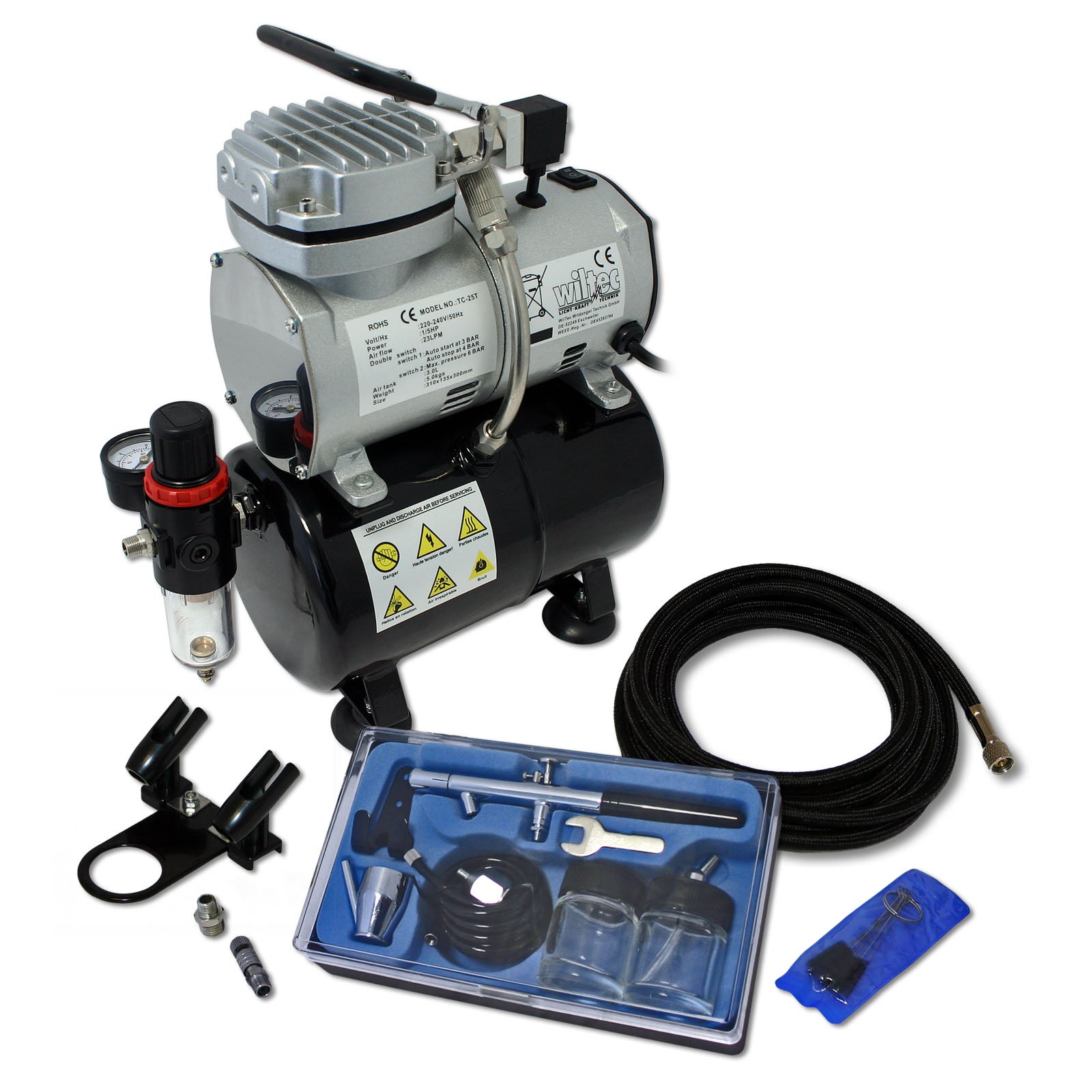 Wiltec Kit Airbrush avec compresseur AS 189 réservoir 3 L 30 l/min Pistolet aérographe 128