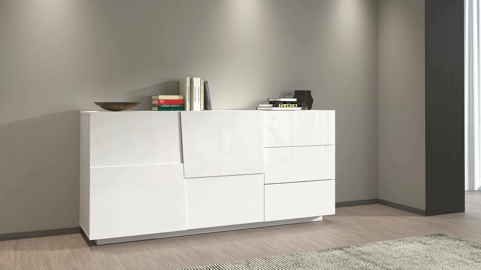 Jaxenor Buffet Blanc Brillant 115cm - 2 Portes 3 Tiroirs LED Application Meuble Salon
