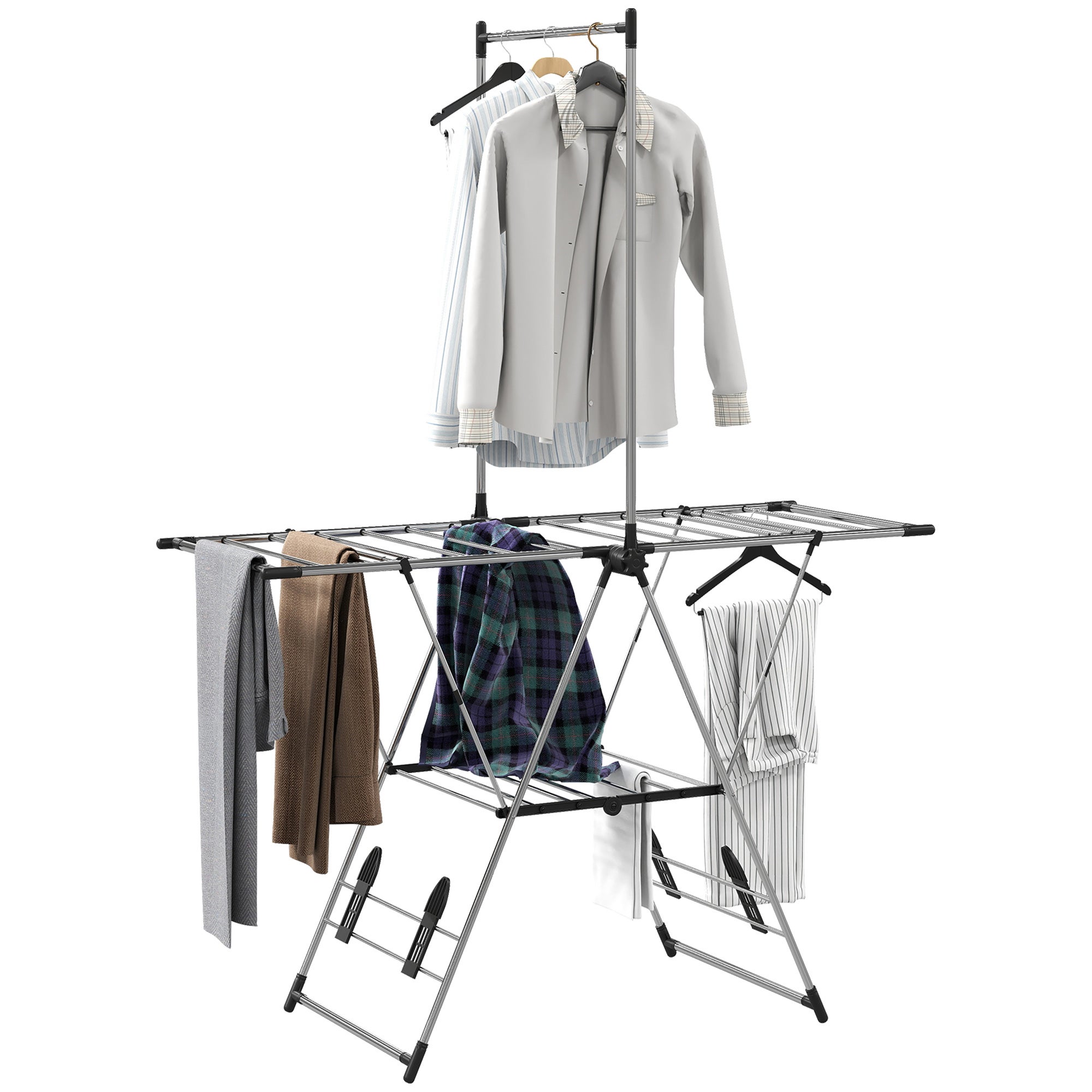 Perchero vertical plegable con alas ajustables, 4 soportes para zapatos, barra y estante, 139 x 62,5 x 201 cm, color plata.