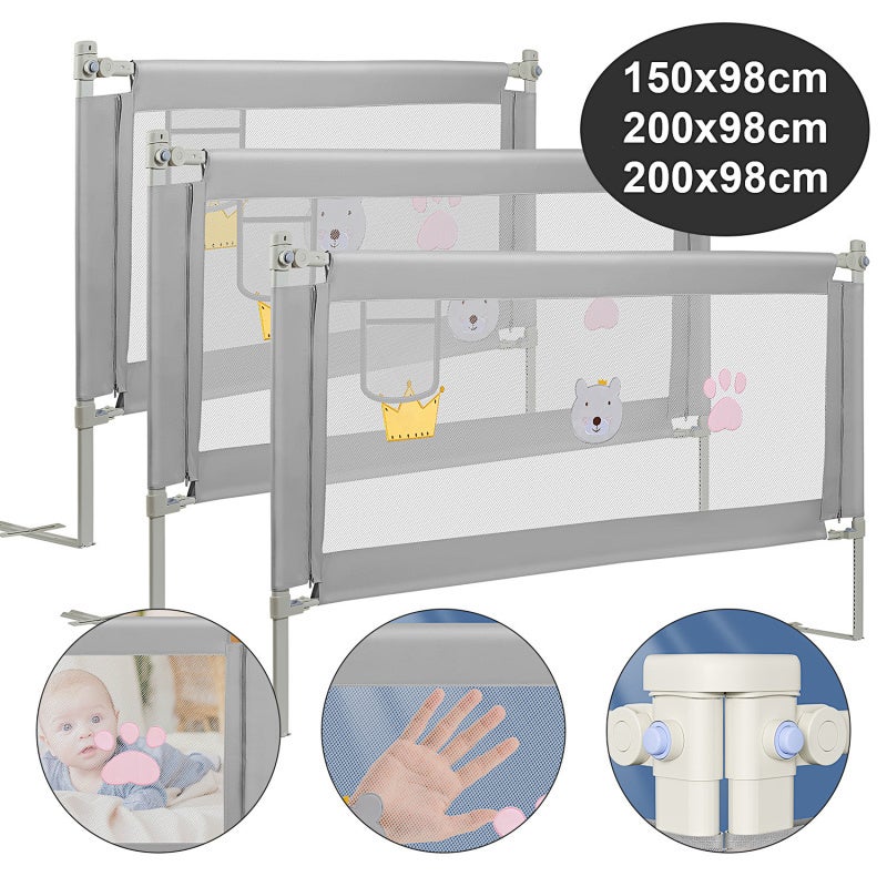 3X Bariera łóżkowa, z barierą zabezpieczającą przed spadkiem - Bariera Bezpieczeństwa Dzieci - Szary - Regulowana wysokość 70-98cm (150cm + 2x200cm)