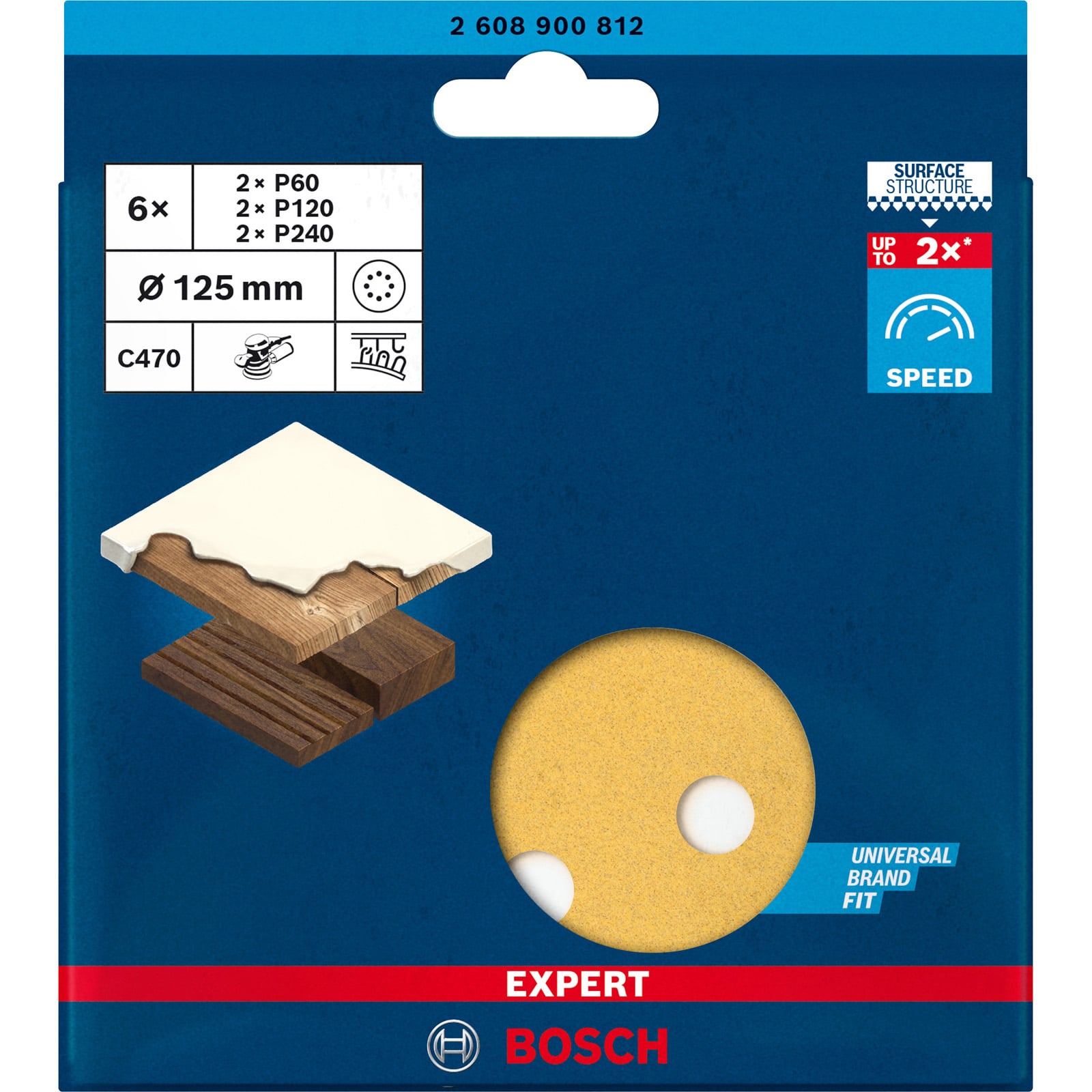 Bosch Professional 6x Set Carte Abrasive Expert C470 con 8 Fori per Legno Duro, Vernice su Legno, Ø 125 mm, Grana 60/120/240, Accessorio Levigatrice R - 6