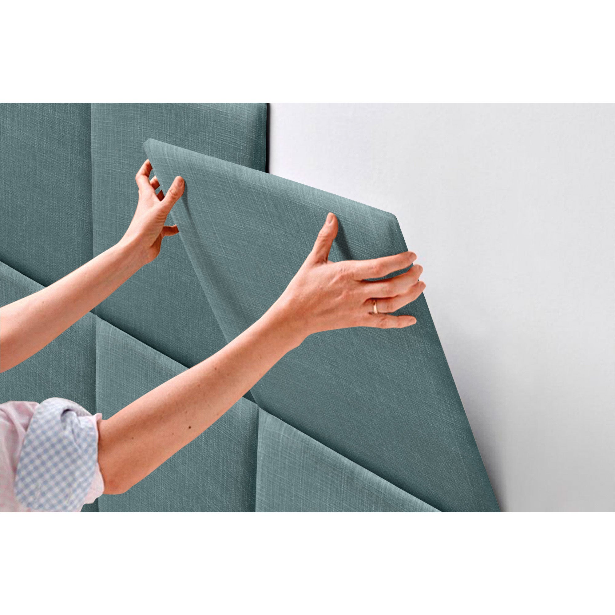 DHOME Cabecero Tapizado de Lino Natural Compuesto de Paneles Autoadhesivos Intercambiables Lujo Dormitorio Acolchado (Turquesa,135cm) - 4