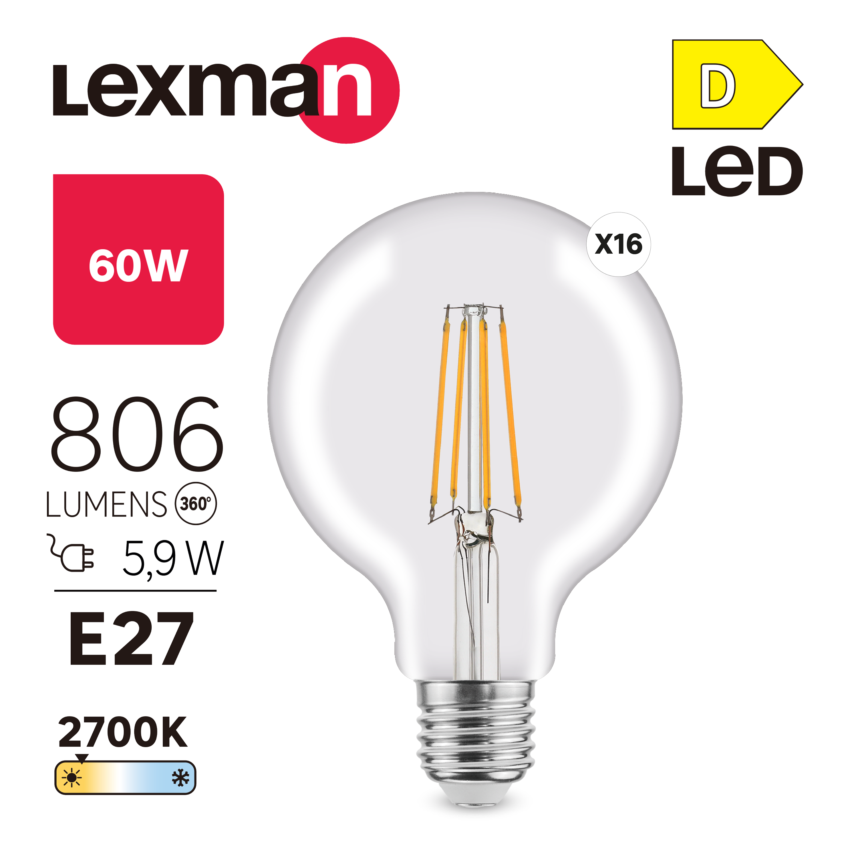 LEXMAN - Juego de 16 bombillas de filamento LED - E27 - 806LM - equivalente a 5,9W 60W - Ø 95 mm - 2700K - Blanco cálido - 6