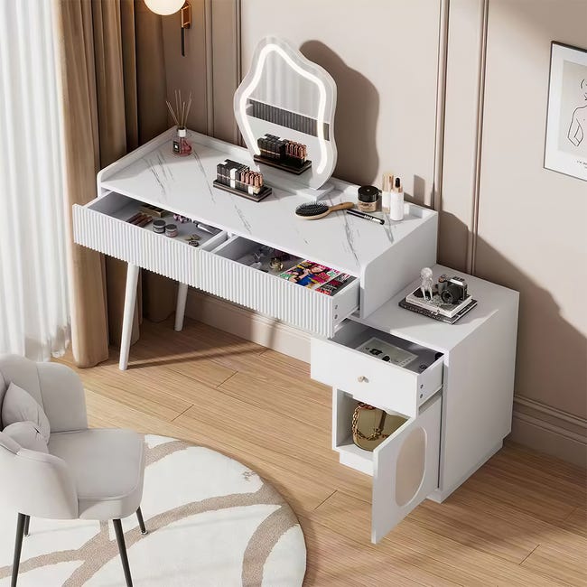 Scrivania con specchio illuminato a LED, tavolo da toeletta con 3 modalità di colore, trucco con 3 cassetti e stazione di ricarica per camera da letto Scrivania con specchio illuminato a LED, tavolo da toeletta con 3 modalità di colore, trucco con 3 cassetti e stazione di ricarica per camera da letto