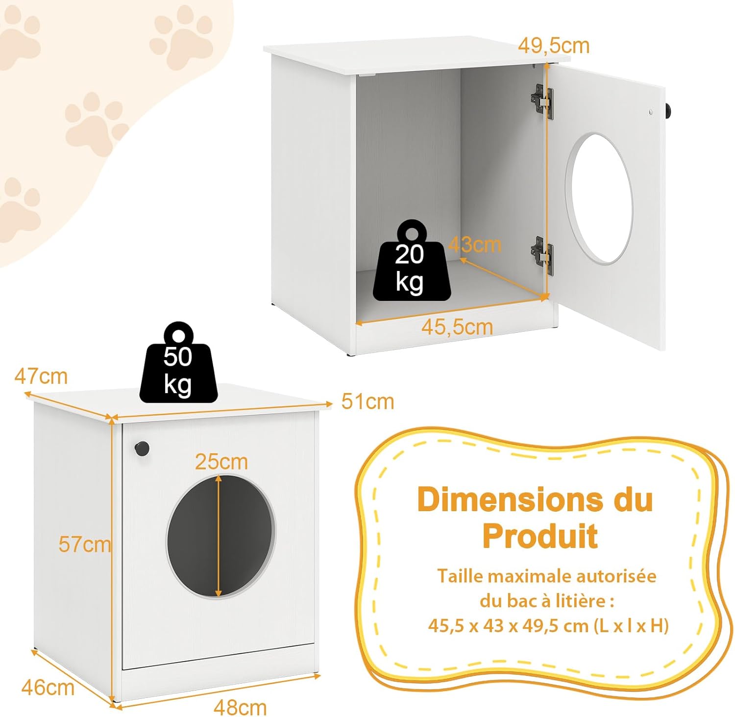 Meuble Litiere Chat en Bois, Grand Trou Ø 25 cm pour Accès, Maison pour Chat, Coussinets Antidérapants, Table d'Appoint, 51x47x57 cm, Blanc - 2