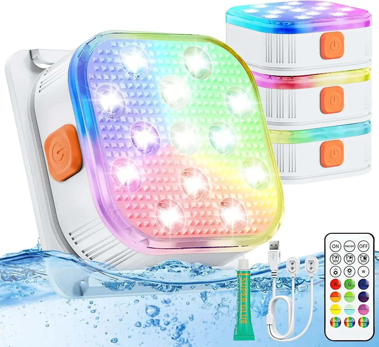 Zestaw 4 ładowalnych, zanurzalnych lamp LED, magnetyczne oświetlenie LED do basenu z pilotem, nastrojowe oświetlenie RGB do basenu